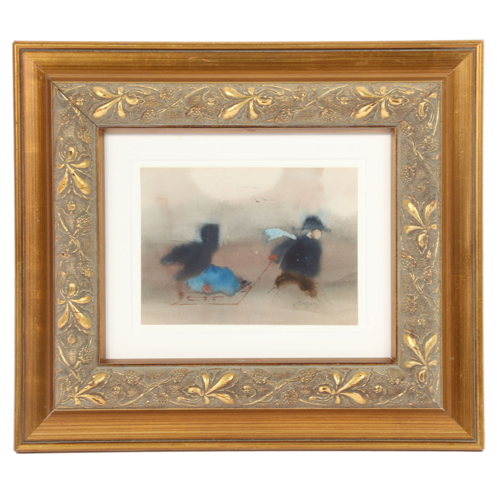 Roger Haas, (20th century), children sledding / pulling a sled winter scene, folk art watercolor: Roger Haas, Ohio, (20th century) children sledding / pulling a sled winter scene folk art ink / watercolor wash on paper Signed Roger? lower right. 5 1/4"H x 7"W(sight), 13 1/4"H x 15 1/4"W(frame)