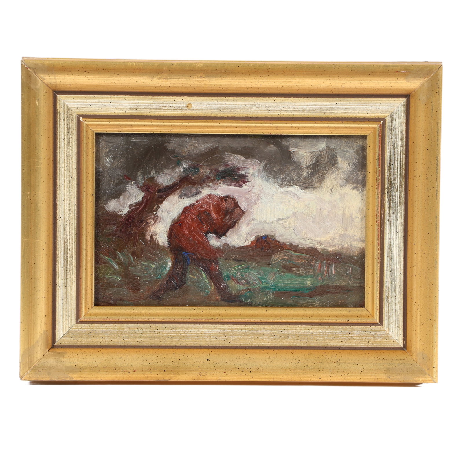 Eugene Higgins, American (1874-1958), crouched figure, oil on canvas, 3 1/2"H x 5 1/2"W (sight), 6: Eugene Higgins American (1874-1958) crouched figure oil on canvas Includes letter of authentication. Provenance: Estate of Anita Higgins Cole, widow of Eugene Higgins Biography from the Archives of as