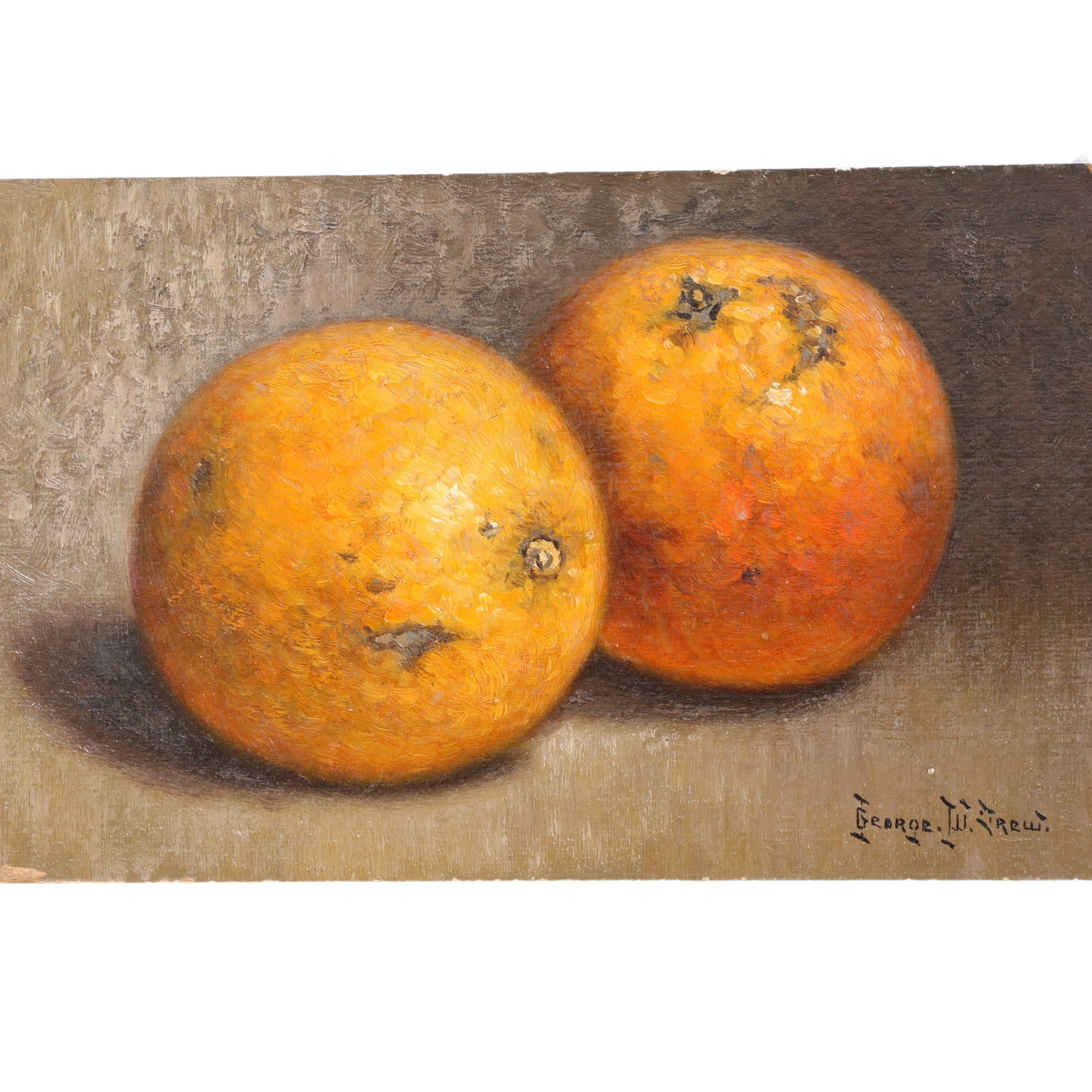 George W. Drew, New York (1875-1968), oranges, 1930, oil on board, 5"H x 8"W: George W. Drew New York (1875-1968) oranges, 1930 oil on board Signed lower right. Dated verso. From the Archives of askArt: Biography from Rehs Galleries, Inc. George W. Drew was born 21 December 187