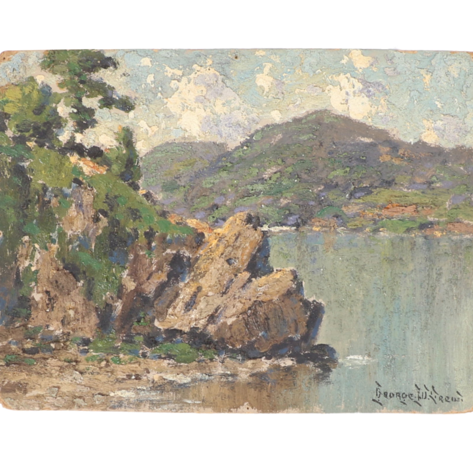 George W. Drew, New York (1875-1968), Bear Mountain, 1940, oil on board, 6"H x 8"W: George W. Drew New York (1875-1968) Bear Mountain, 1940 oil on board Signed lower right. Inscription with title and date verso. From the Archives of askArt: Biography from Rehs Galleries, Inc. George 