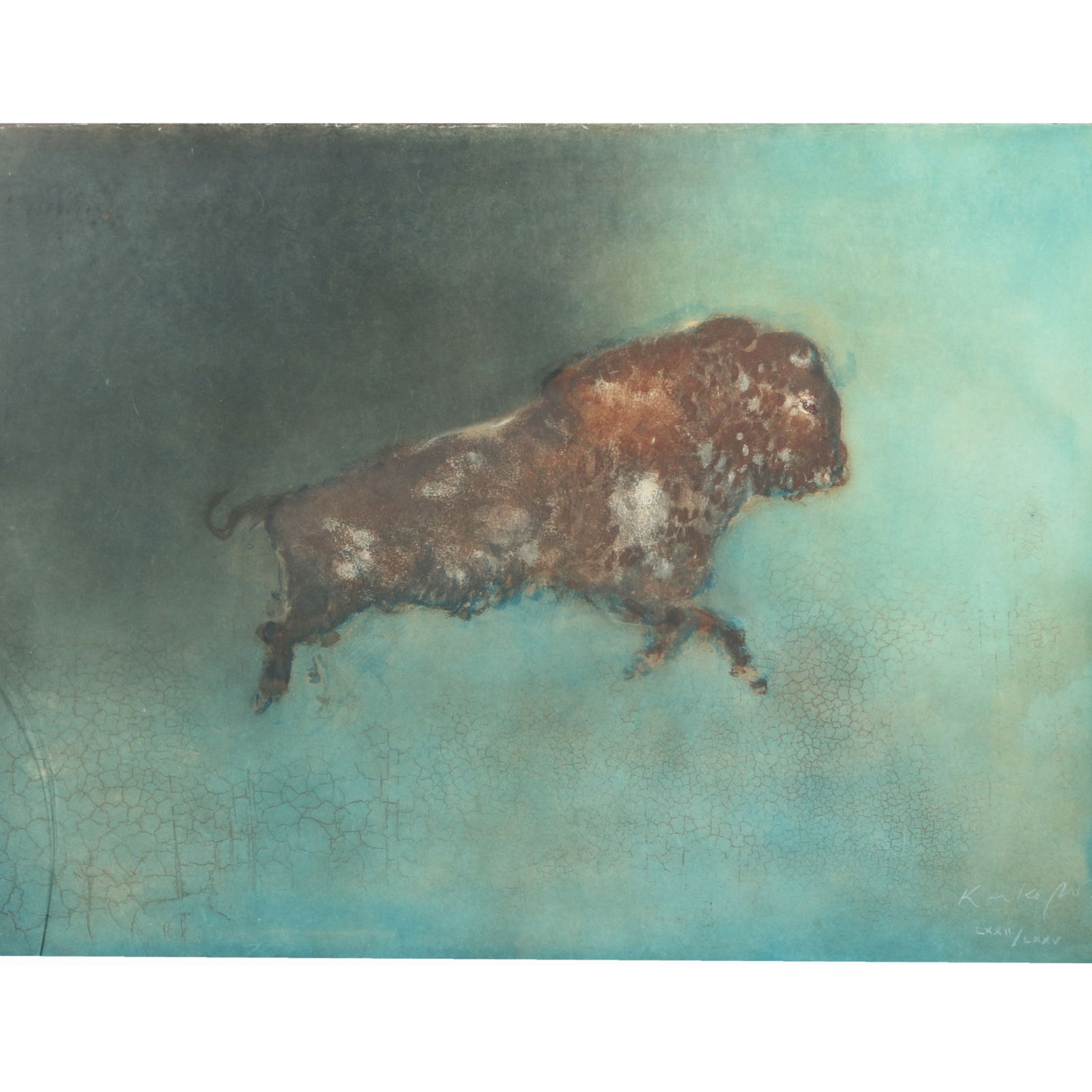 Kaiko Moti, India (1921-1989), Bison, lithograph, 22 3/4"H x 30 1/4"W, 27 3/4"H x 34 3/4"W (frame): Kaiko Moti India (1921-1989) Bison lithograph Signed and numbered LXXII/LXXV, 72/75 lower right. Broken glass. 22 3/4"H x 30 1/4"W, 27 3/4"H x 34 3/4"W (frame)