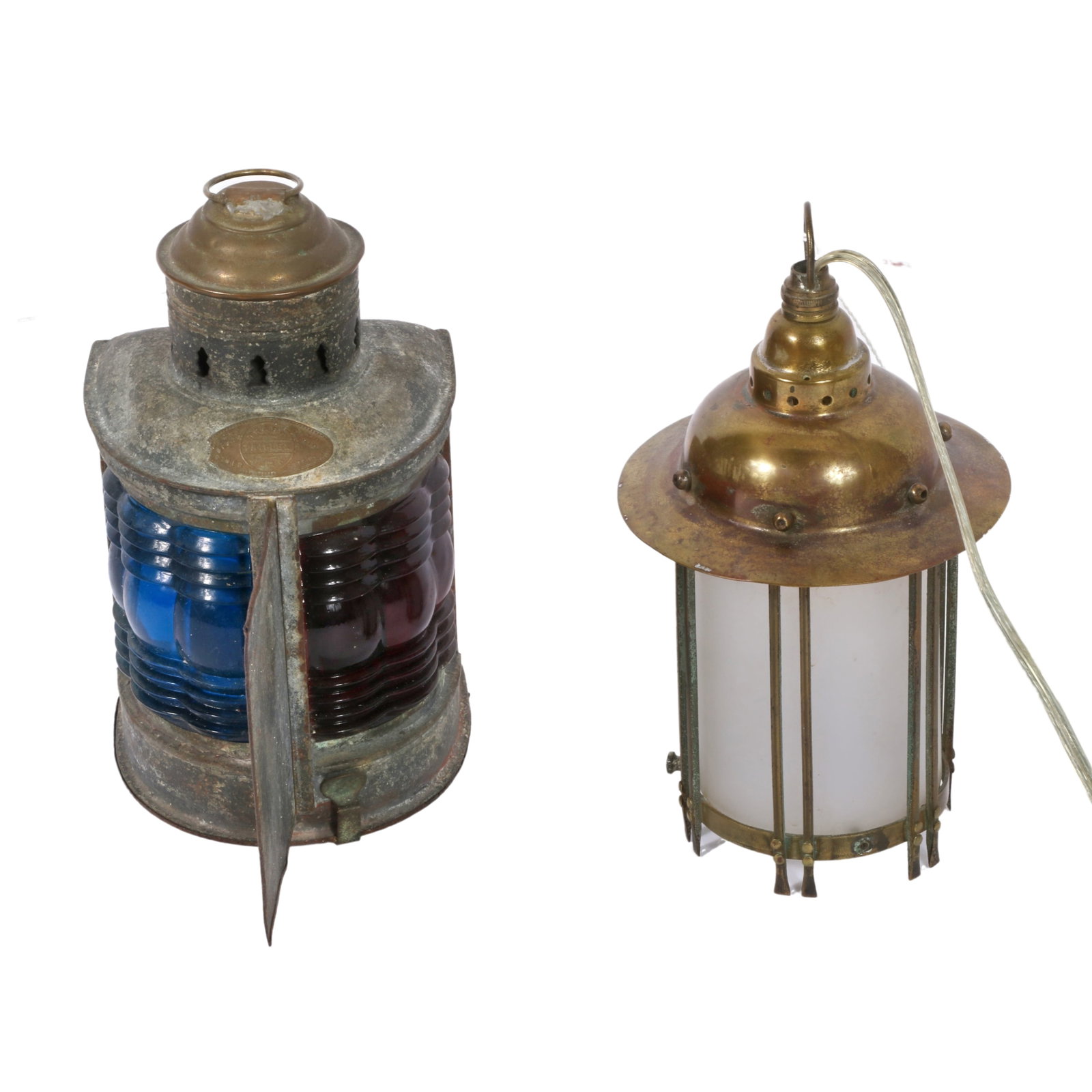 Antique maritime copper and brass port lantern with blue glass and English Arts and Crafts style: Antique maritime copper and brass port lantern with blue glass and English Arts and Crafts style brass lantern with frosted glass. Maritime lantern marked "Trademark Triplex." Patented April 1, 1913. 