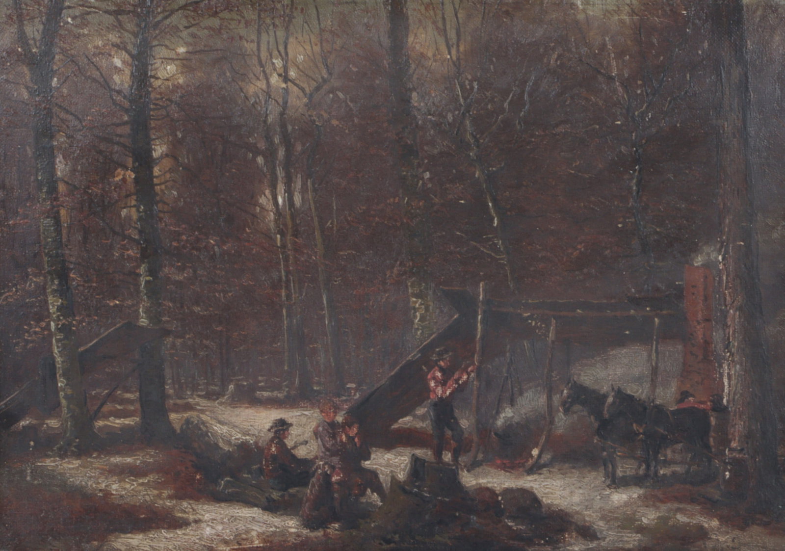 Unknown, American scenic painting; 19th Century settlers maple sugar camp in the woods, landscape: Unknown, American scenic painting; 19th Century settlers maple sugar camp in the woods, landscape with figures and horses, oil on canvas, manner of Eastman Johnson, possible faint signature lower righ