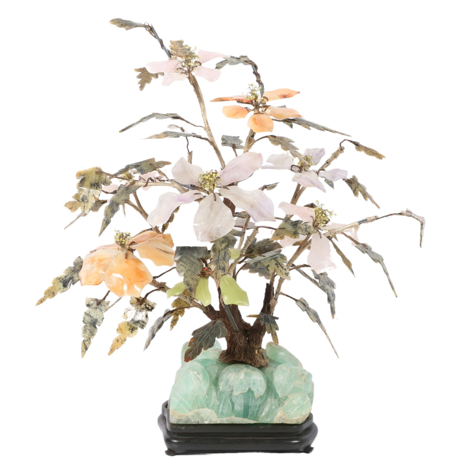 Chinese semi-precious stone / jade flower tree arrangement on green onyx wave carved base planter.: Chinese semi-precious stone / jade flower tree arrangement on green onyx wave carved base planter. Including rose quartz, carnelian, and moss agate 21" x 20" x 14"