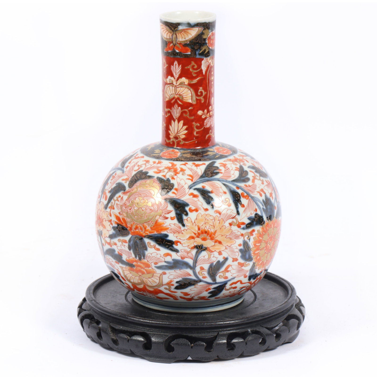 Japanese 13 inch Imari porcelain bottle vase with stand 13 1/2"H x 8"Diam.: Japanese 13 inch Imari porcelain bottle vase with stand 13 1/2"H x 8"Diam.