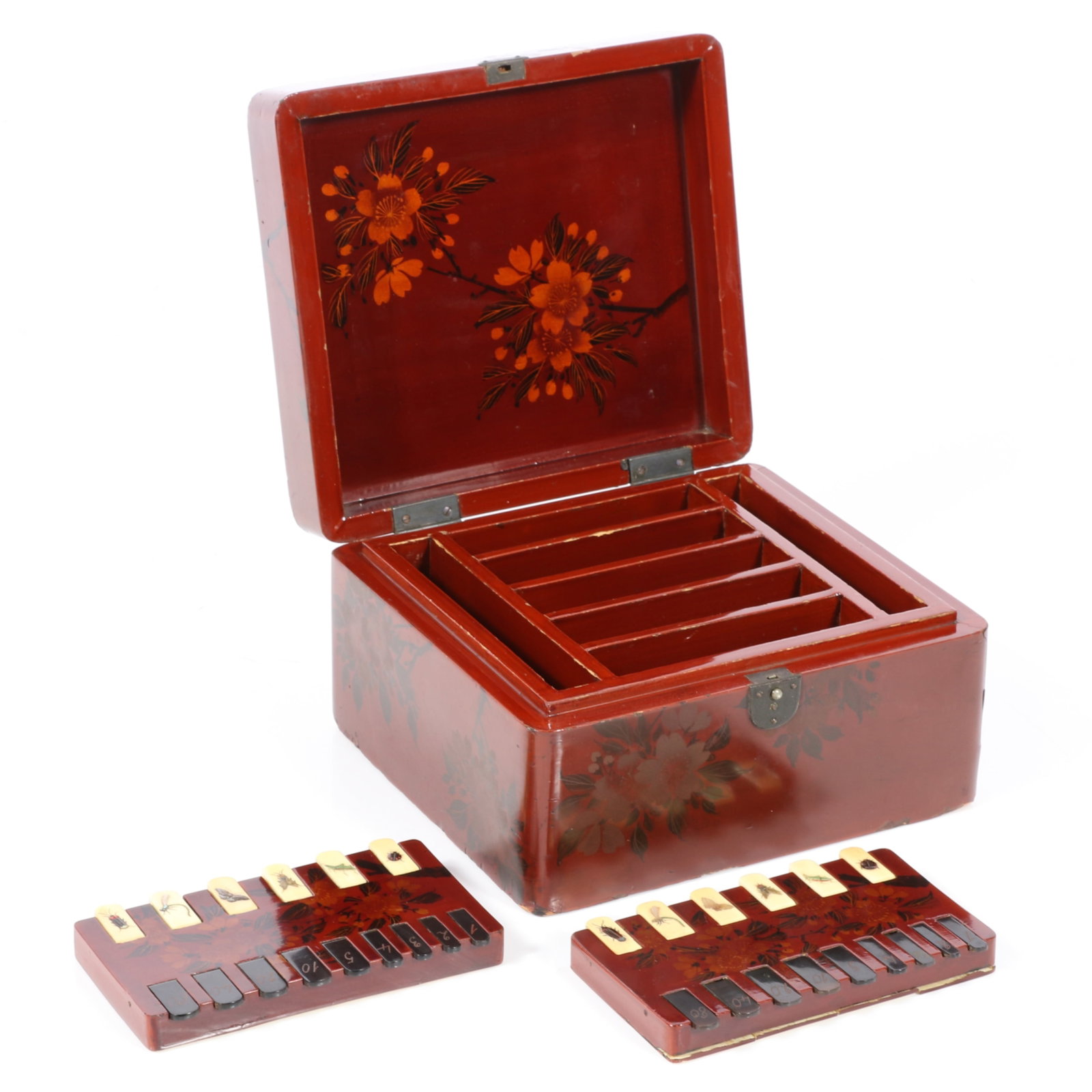 Japanese lacquer card game box with insect decorated bezique markers. 3 3/4"H x 6 3/4"W x 6"D: Japanese lacquer card game box with insect decorated bezique markers. The square box and cover with flowering branch decoration on a red ground contains compartments, and two shibayama bezique markers
