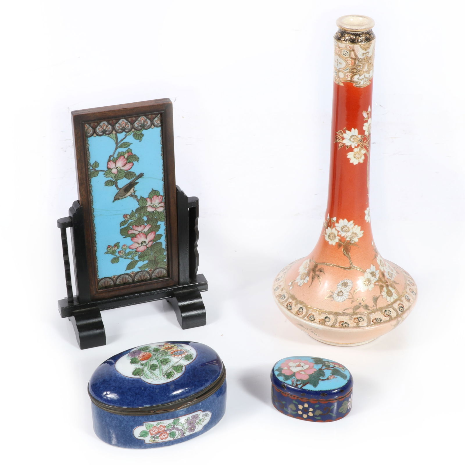 Collection of 4 Asian style decorative objects: Japanese Satsuma vase with floral motif, Japanese: Collection of 4 Asian style decorative objects: Japanese Satsuma vase with floral motif, Japanese cloisonne table screen with cherry blossoms and bird, French porcelain vanity box, Japanese cloisonne