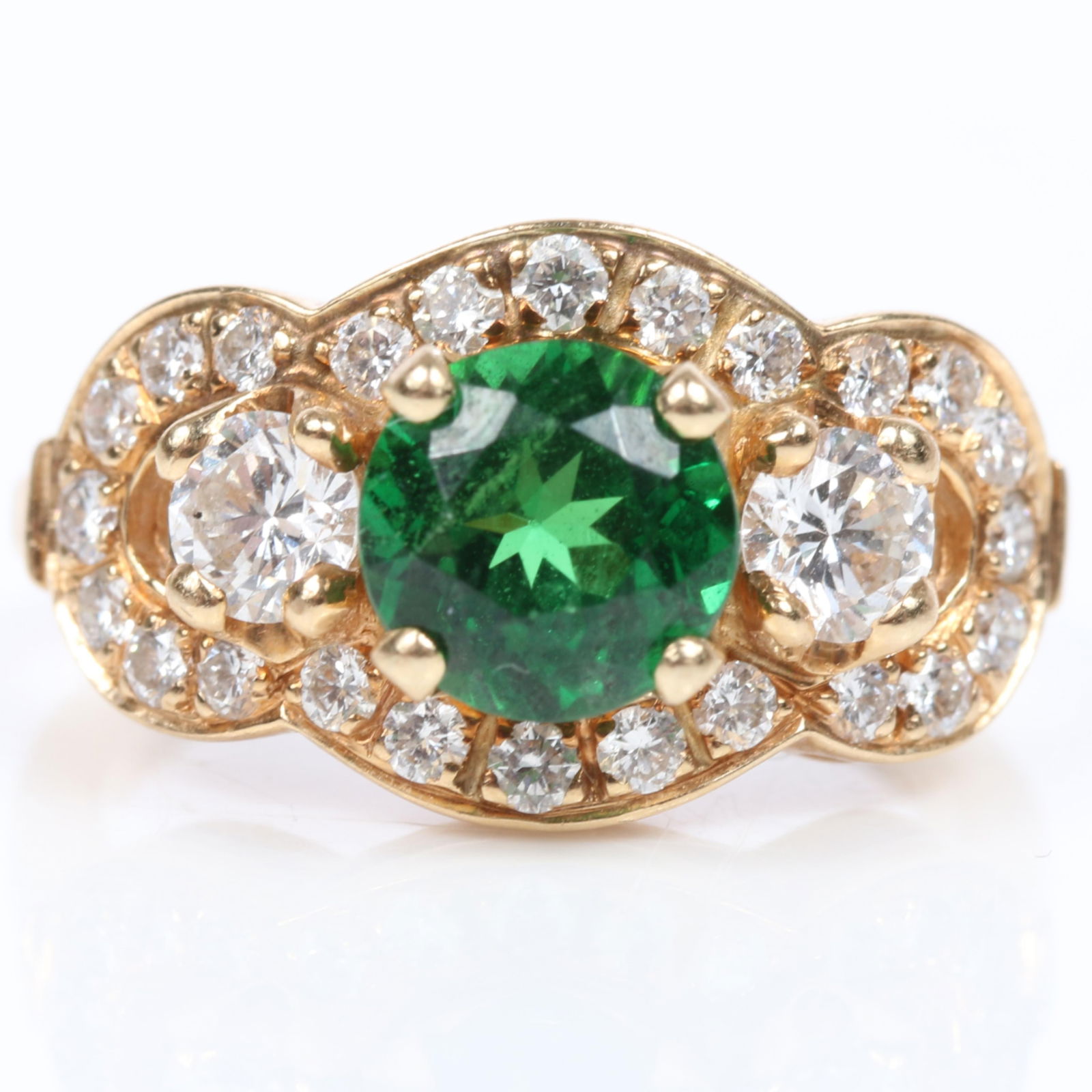 Estate 14k gold round green tsaverite garnet and diamond ring. ring size 4; 1/4"W (1 of 4)