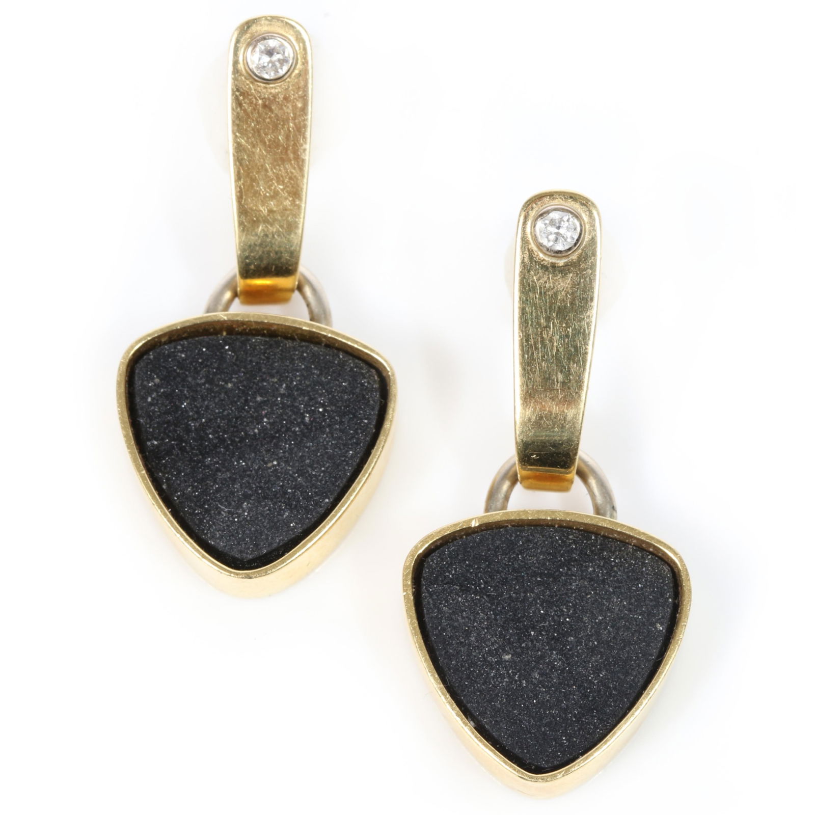 Custom 14k yellow gold, black druzy and diamond drop pierced earrings. 1 1/4"H x 1/2"W (one) (1 of 5)