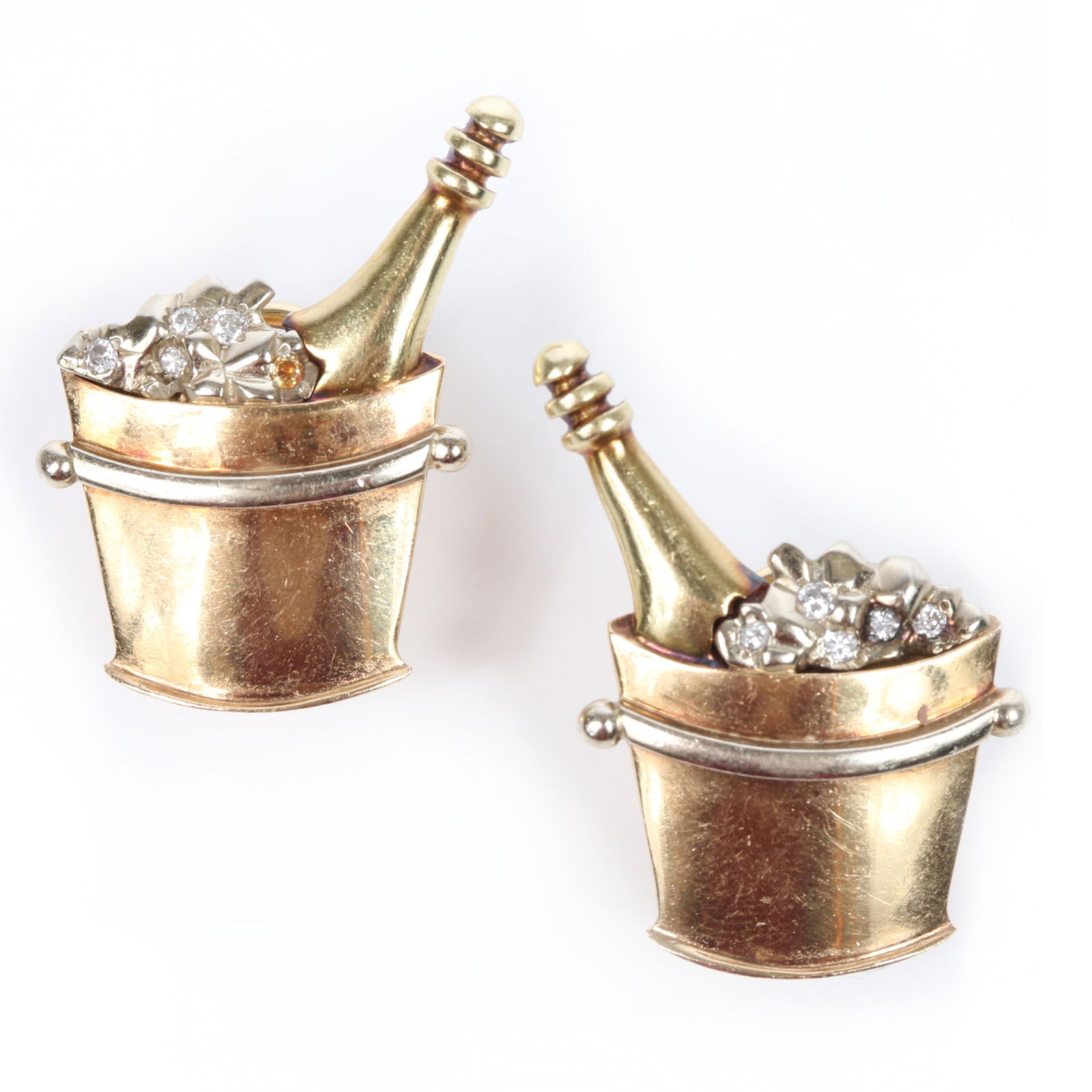 14k yellow gold and diamond champagne bucket figural pierced earrings. 1"H x 3/4"W (one) (1 of 4)