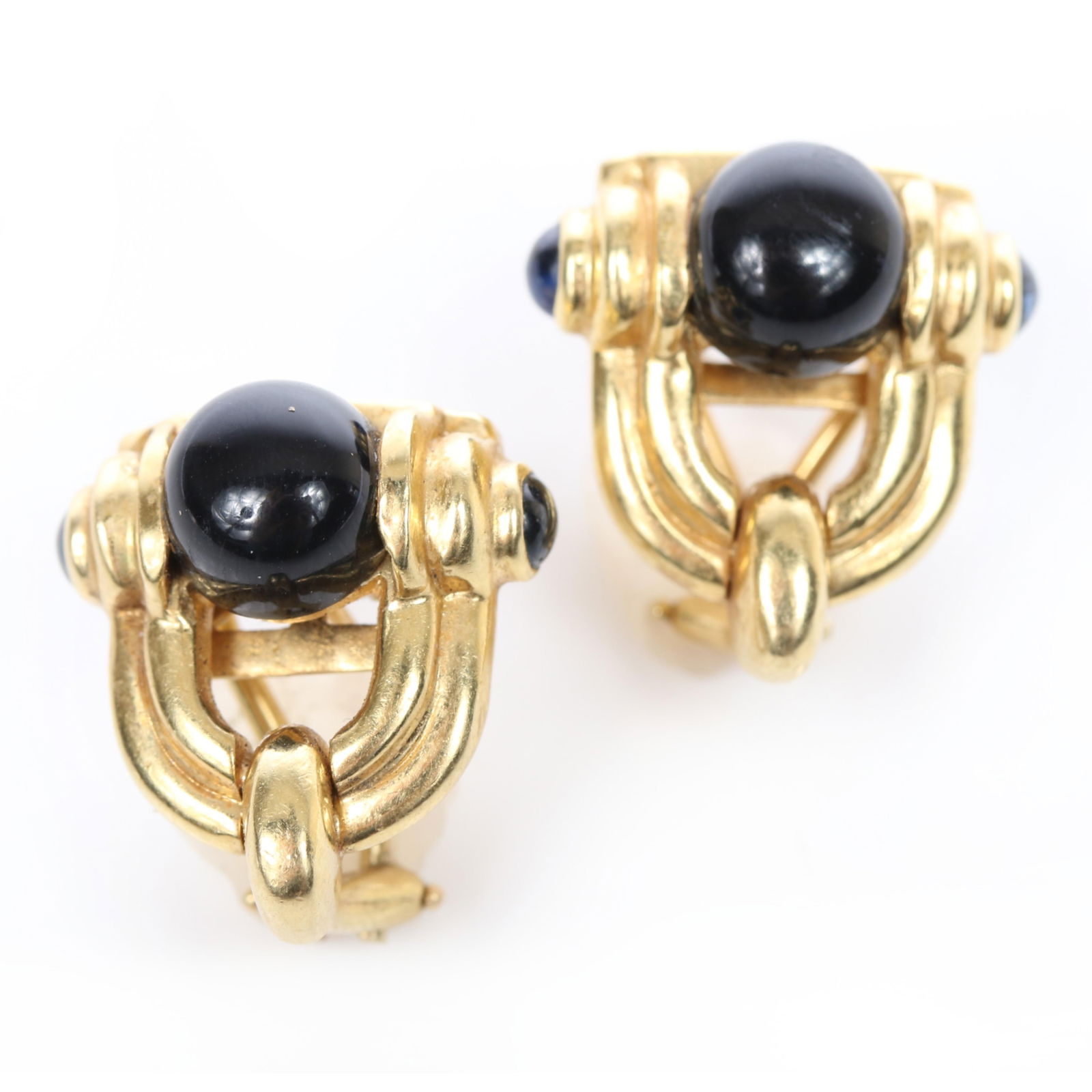 Pair 18k 750 yellow gold black onyx and sapphire designer earrings. 3/4"H (one) (1 of 4)