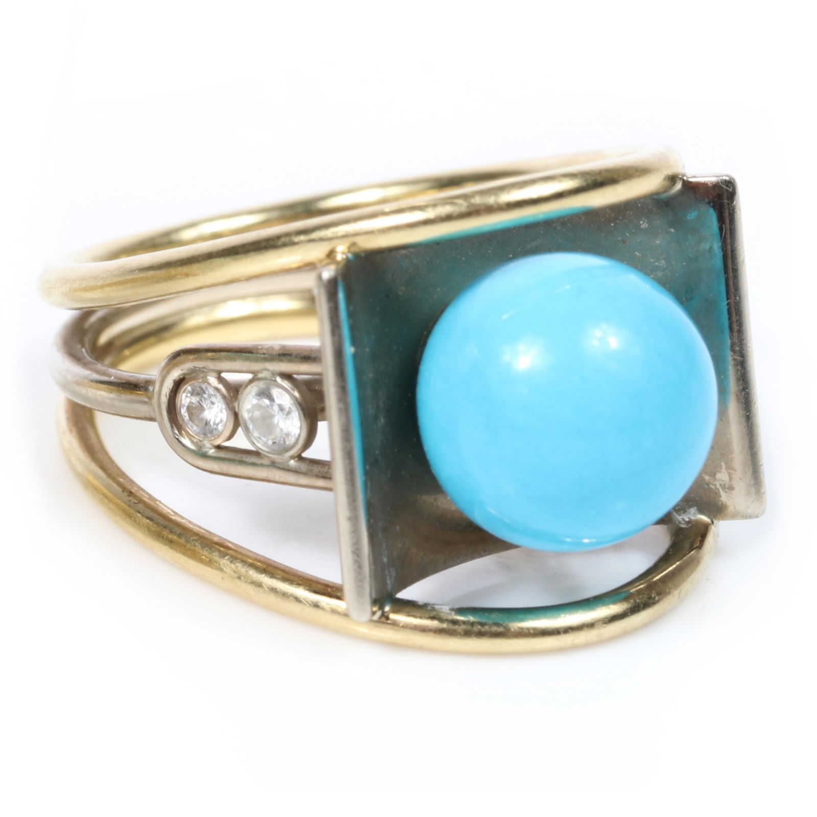 Custom modernist 14K gold ring with diamonds and turquoise half drill ball bead. Ring size 6 (1 of 4)