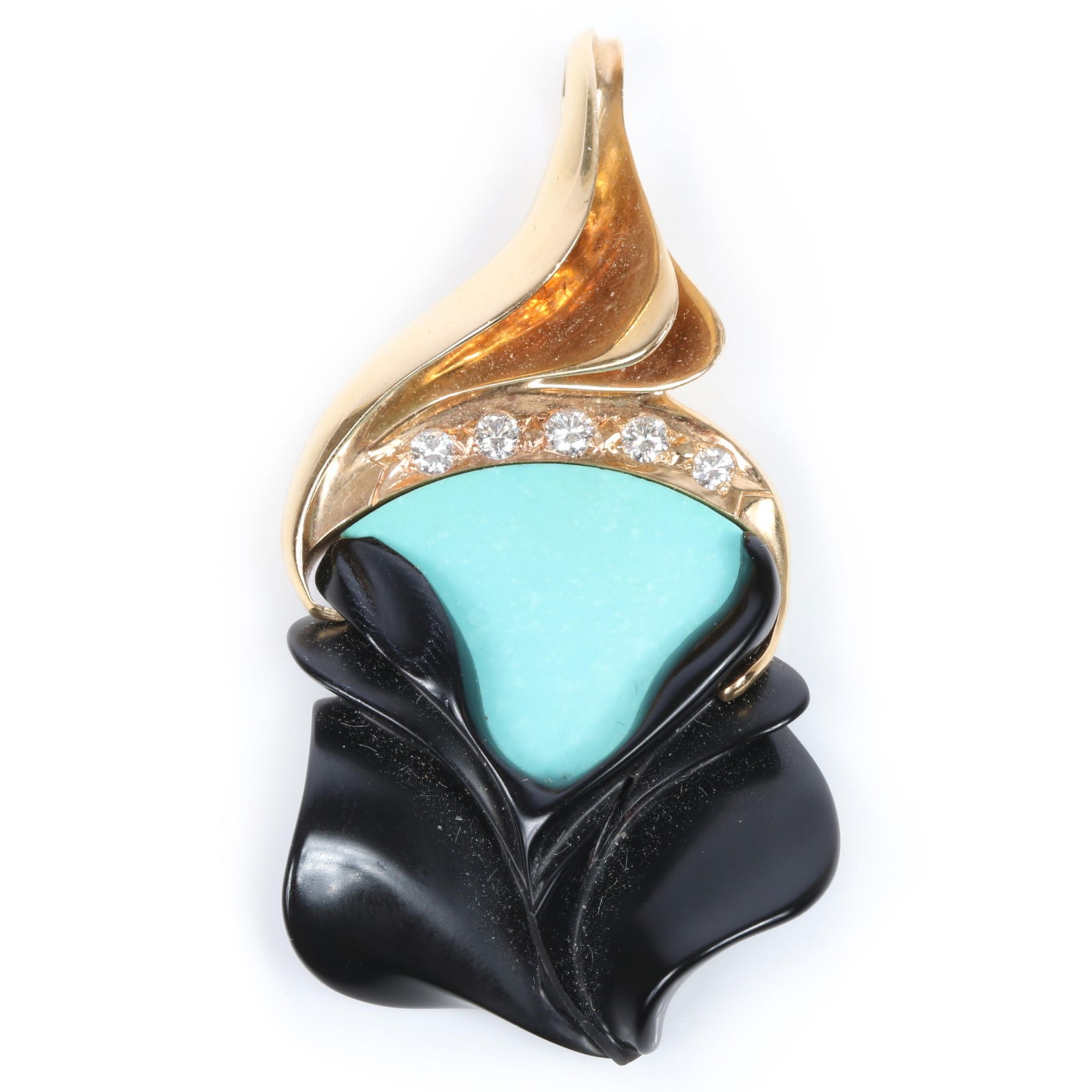 Steve Walters, jewelry designer, 14k yellow gold sculptural pendant with diamonds, tablet turquoise (1 of 6)