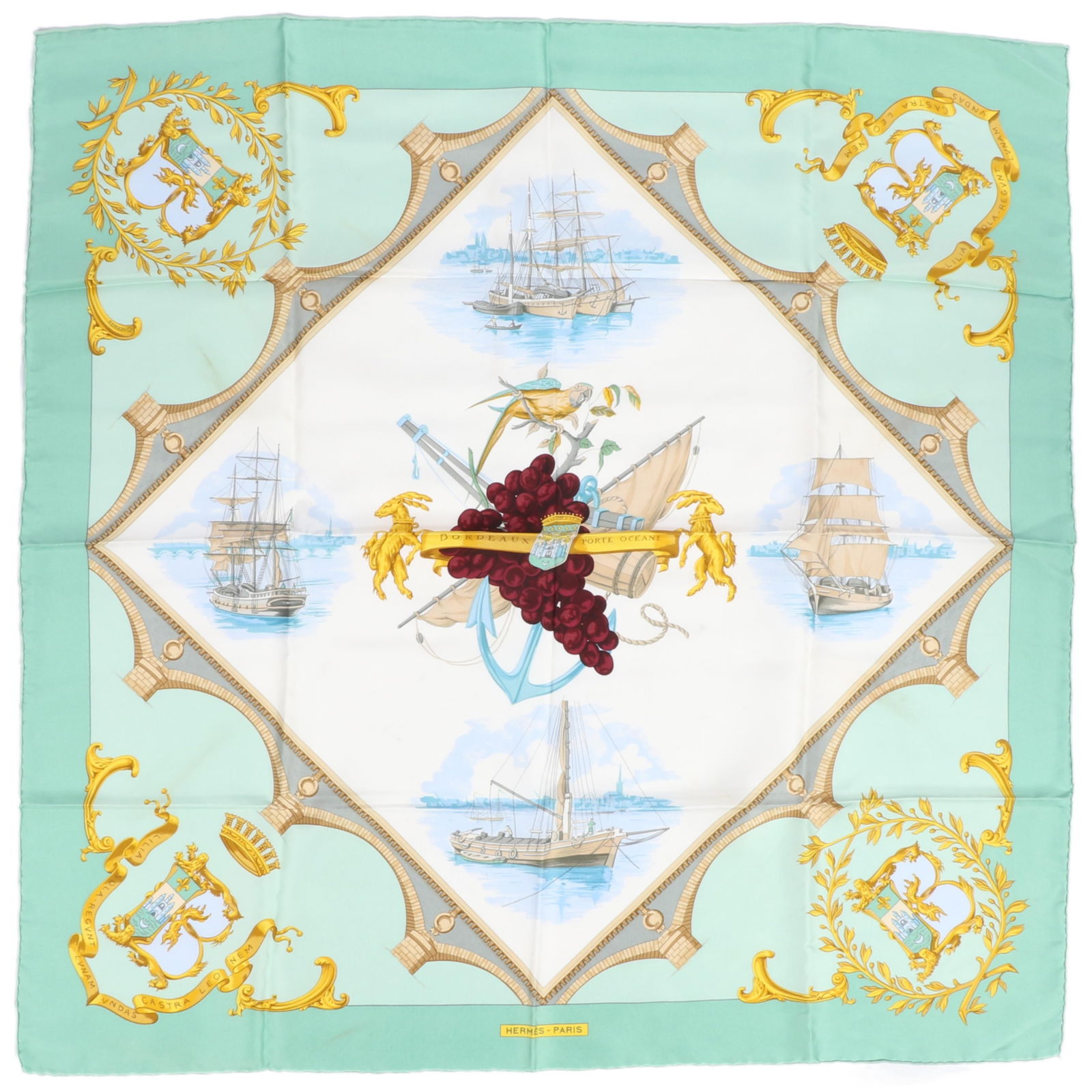 Hermes 'Bordeaux Porte Oceane' silk scarf 34 1/4"H x 34 1/4"W (1 of 11)