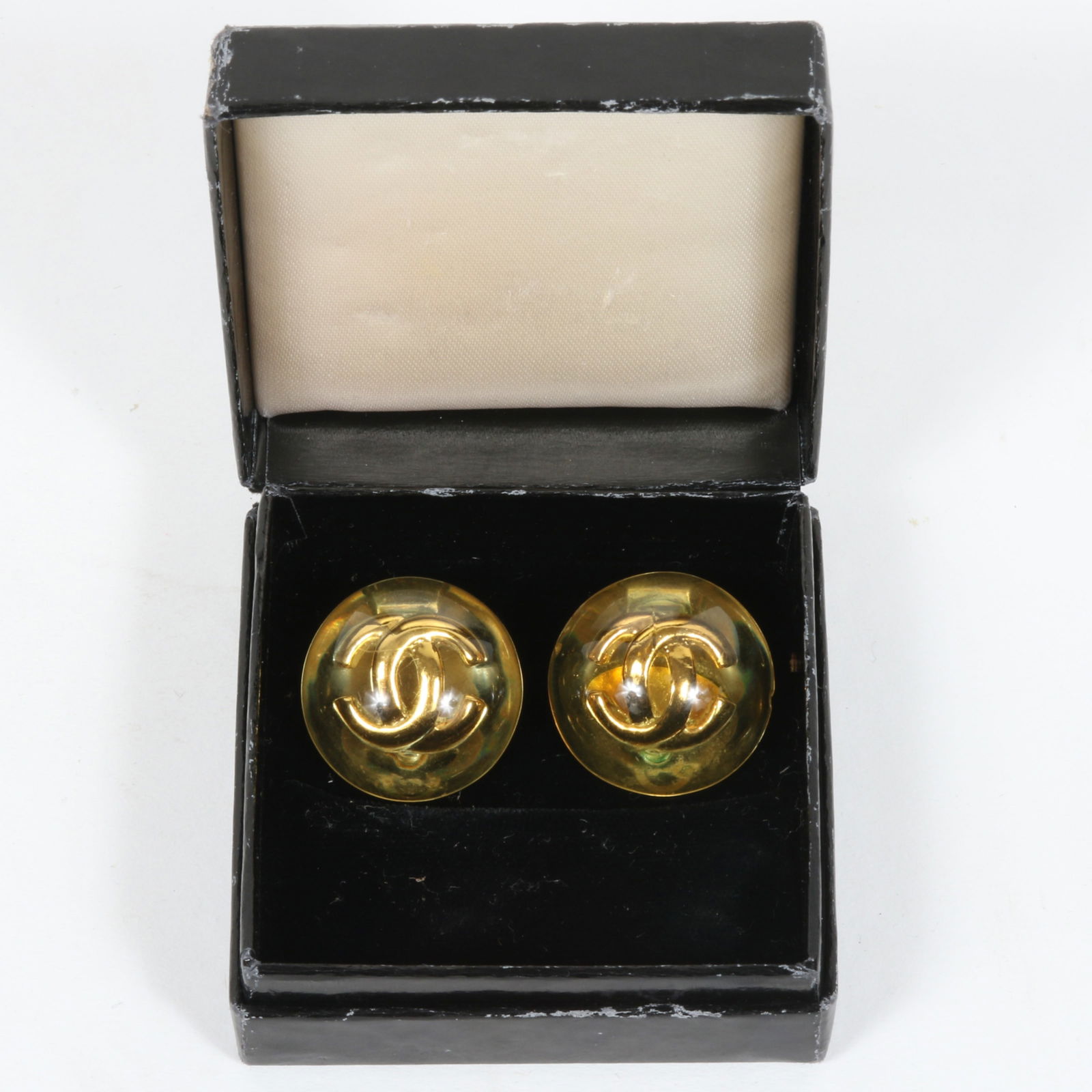 Chanel CC vintage designer clear resin Lucite monogram earrings, in original box. 1"Diameter (both) (1 of 10)