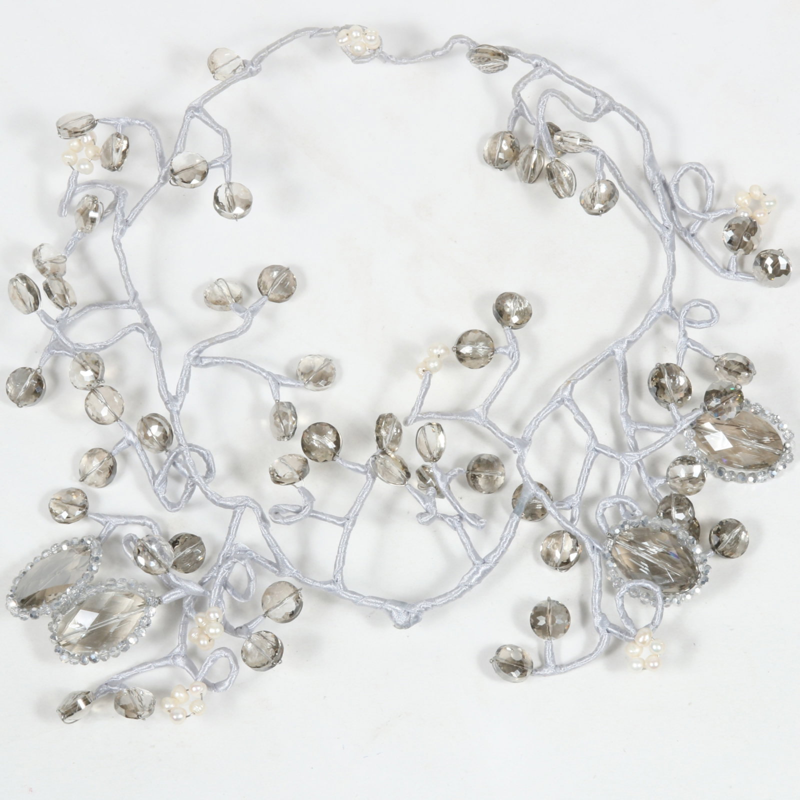 Vilaiwan HUGE wire wrapped bib necklace with grey crystal prisms and faux pearl accents. 25"L x: Vilaiwan HUGE wire wrapped bib necklace with grey crystal prisms and faux pearl accents. 25"L x 5"Drop