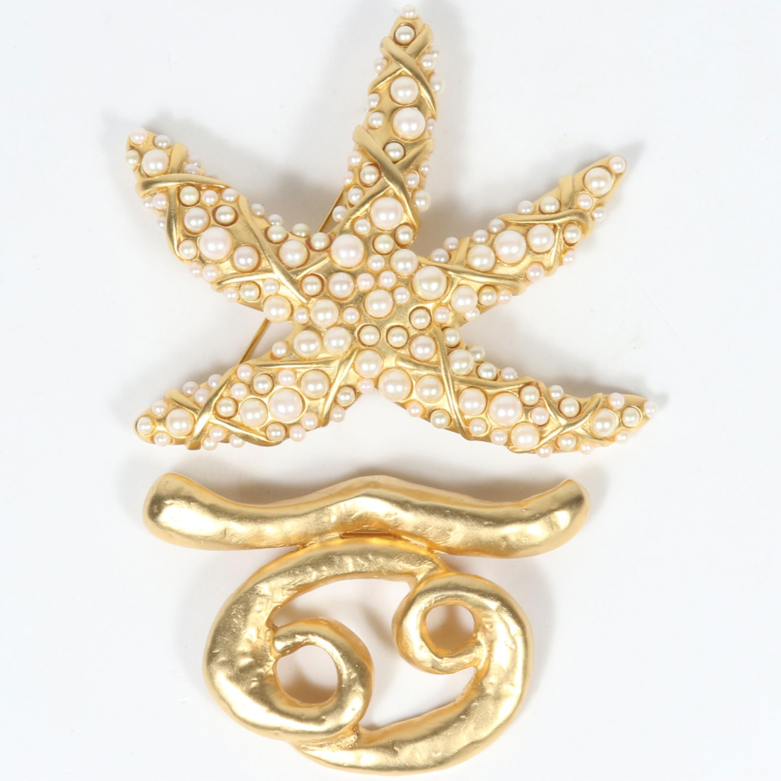 Pair of vintage Les Bernard brooches: star fish brooch with faux pearls and brushed gold tone Pisces (1 of 7)