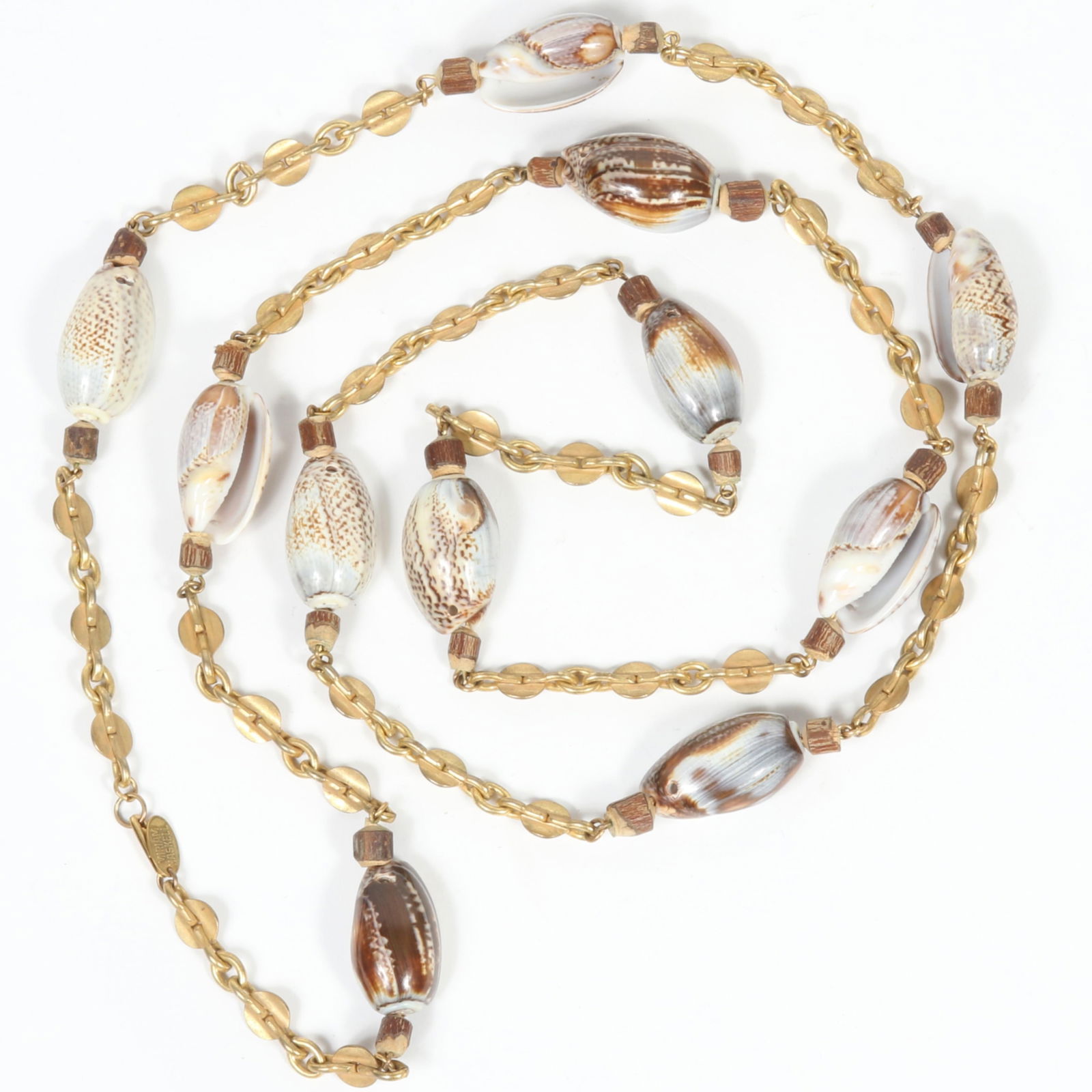 Miriam Haskell long shell necklace with gold tone disk chain. 50"L x 7/8"W (1 of 5)