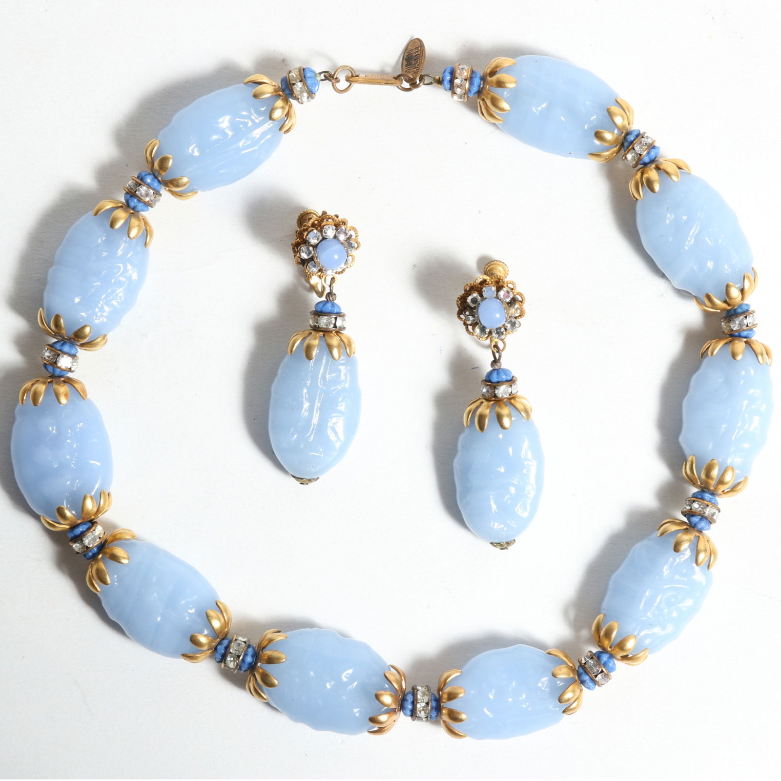 Miriam Haskell large opaque ice blue molded glass beaded necklace with matching earrings. 17" L x 1 (1 of 10)
