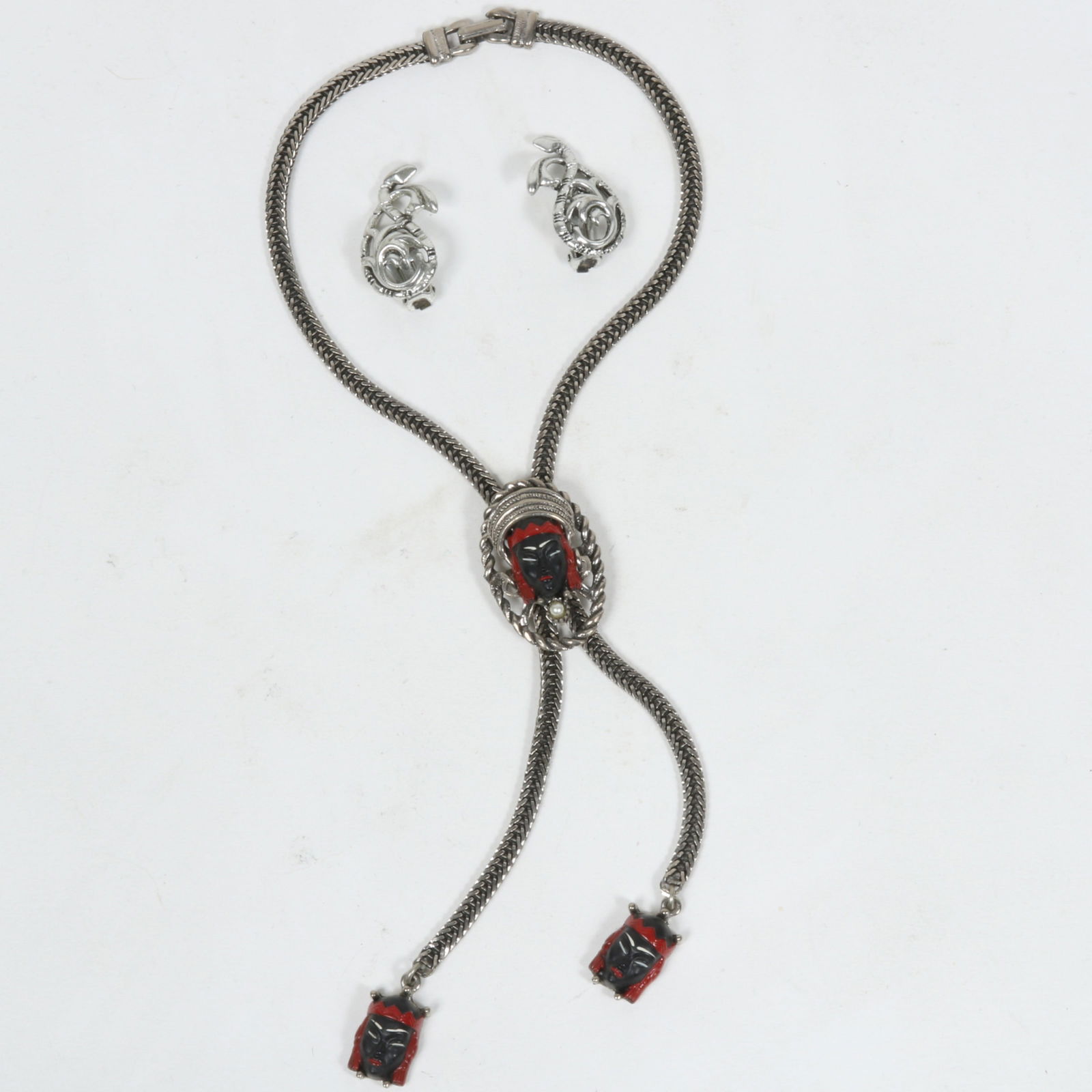 Selro Selini "Asian Princess" silver tone carved painted resin Blackamoor face mask Bolo Necklace (1 of 7)