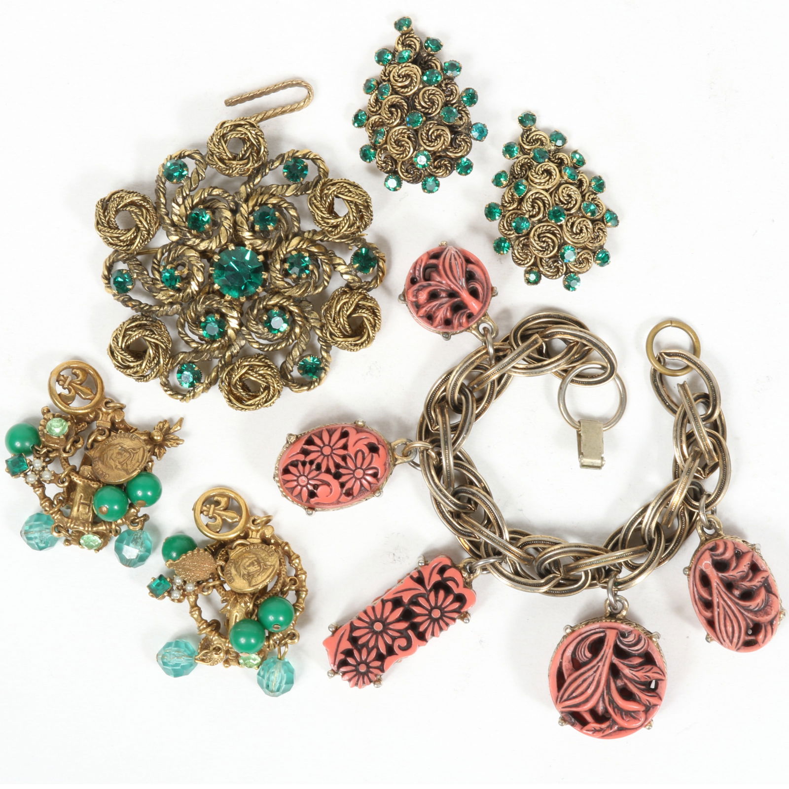 Vintage 4pc costume jewelry group including; ART charm dangle earrings, green rhinestone (1 of 10)