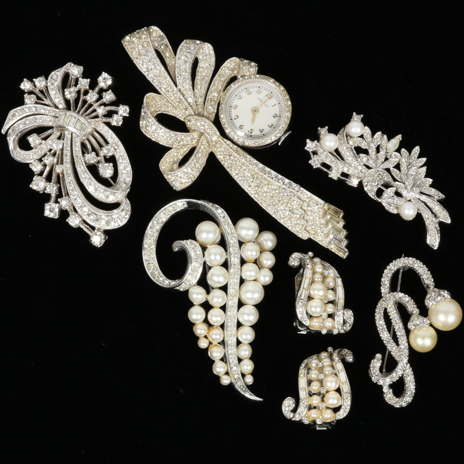 Vintage Art Deco 6pc jewelry group; Croton clock pave stone bow brooch, Ciner double faux pearl (1 of 11)