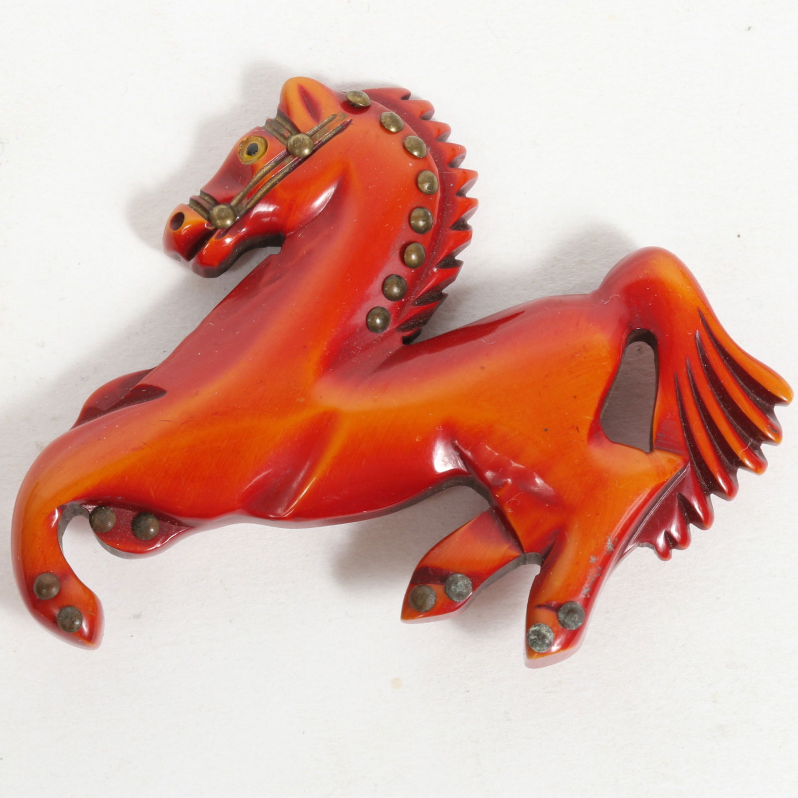 Vintage Bakelite equestrian galloping horse brooch. 2 5/8"H x 3 1/4"W (1 of 5)