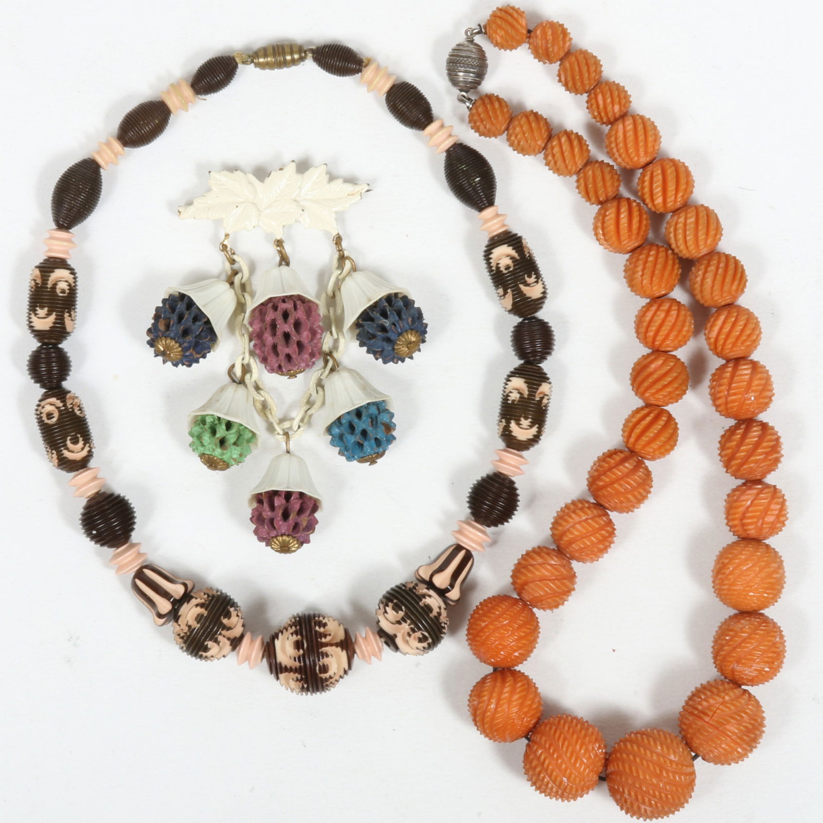 Pair of Art Deco carved celluloid beaded necklaces with vintage white enamel and painted thistle (1 of 6)