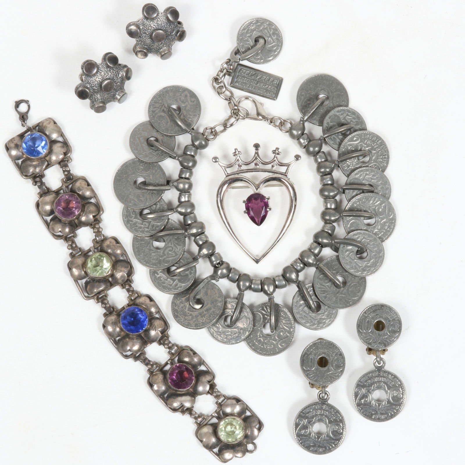Hobe Sterling silver panel bracelet with glass jeweled centers, St. Lavelle pewter Asian coin style (1 of 10)