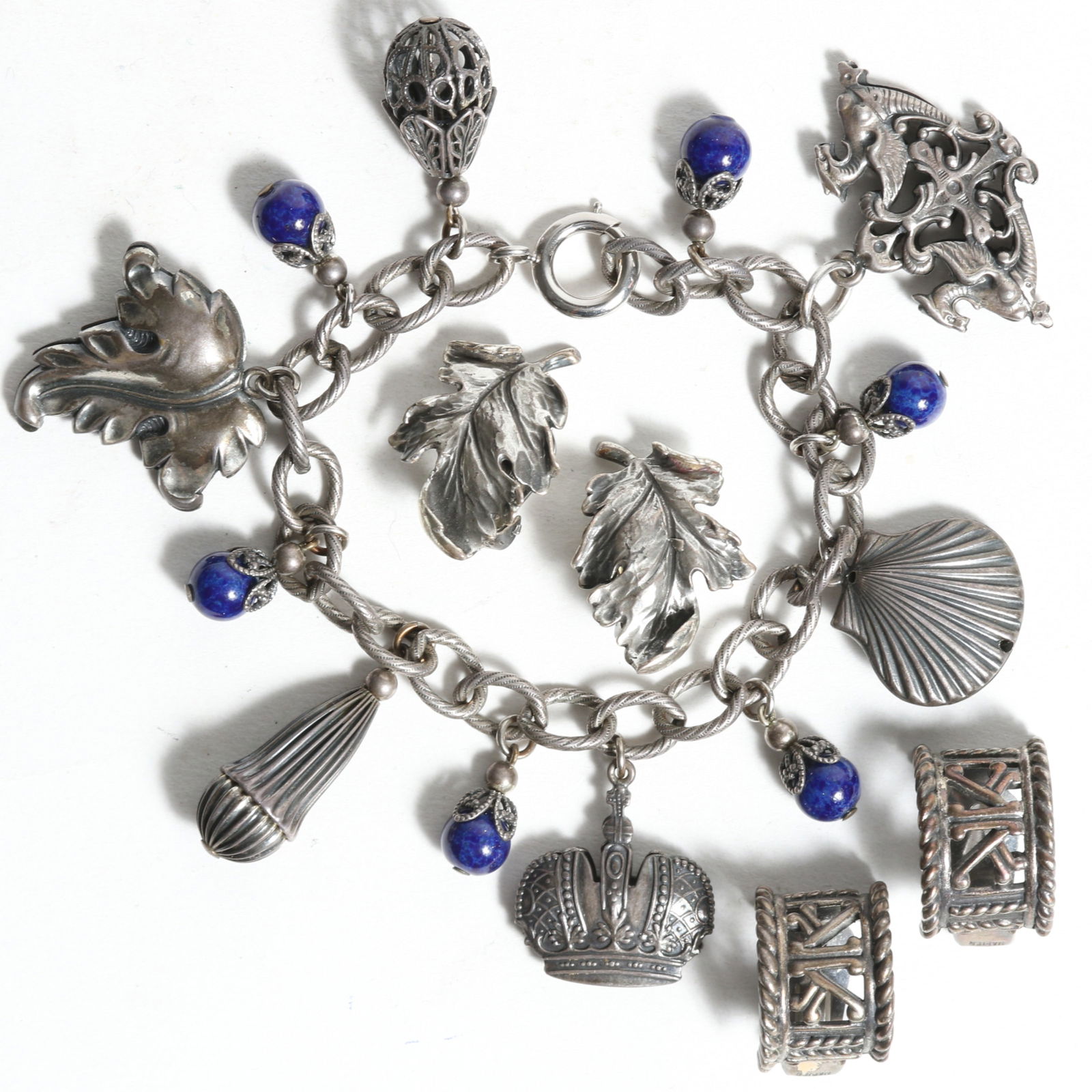 Unsigned Napier charm bracelet with blue Peking glass beads, sterling silver Napier leaf earrings (1 of 8)