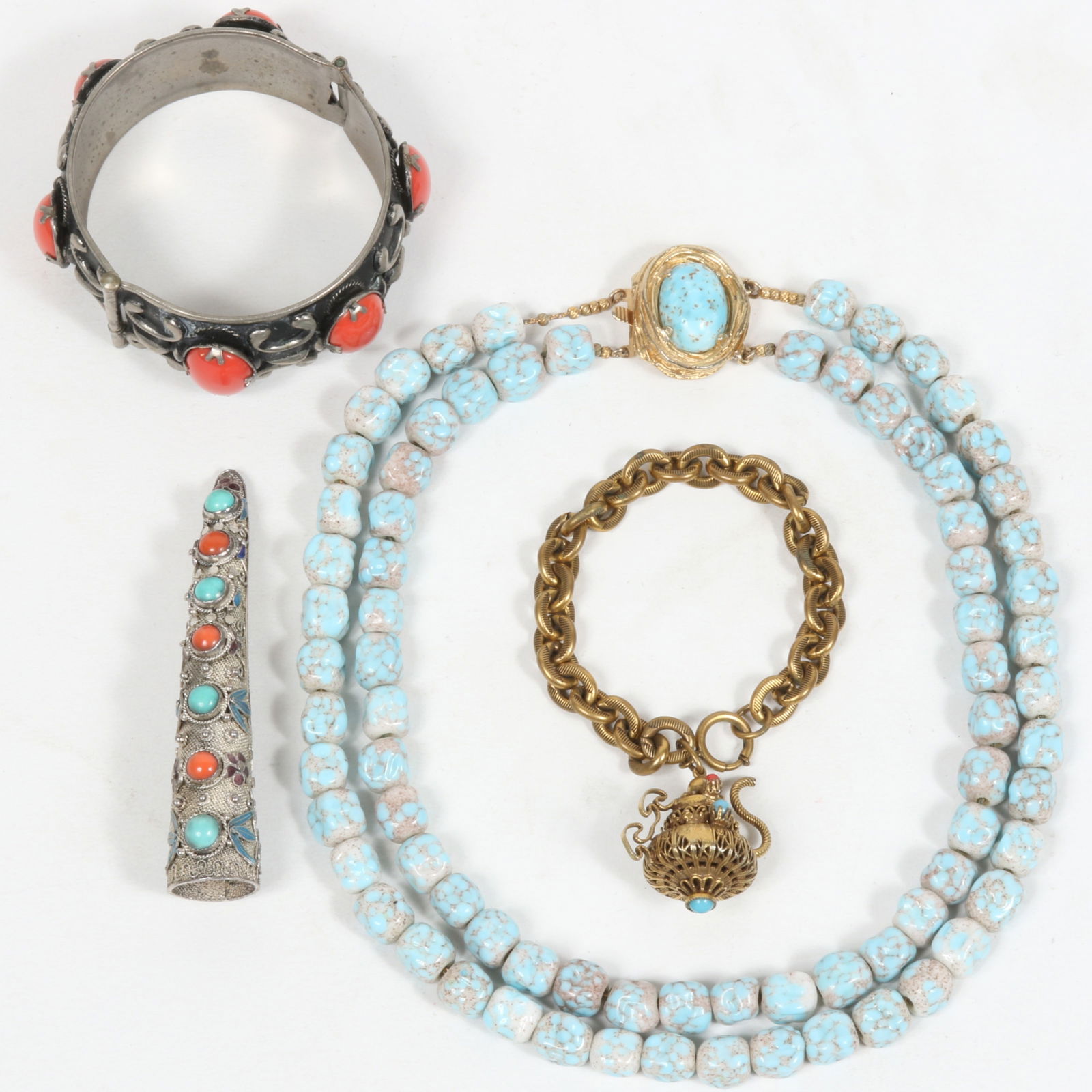 Vintage jewelry 4pc group: Double Strand Art Glass Necklace, Silver Tone and Faux Coral Cabochon (1 of 10)