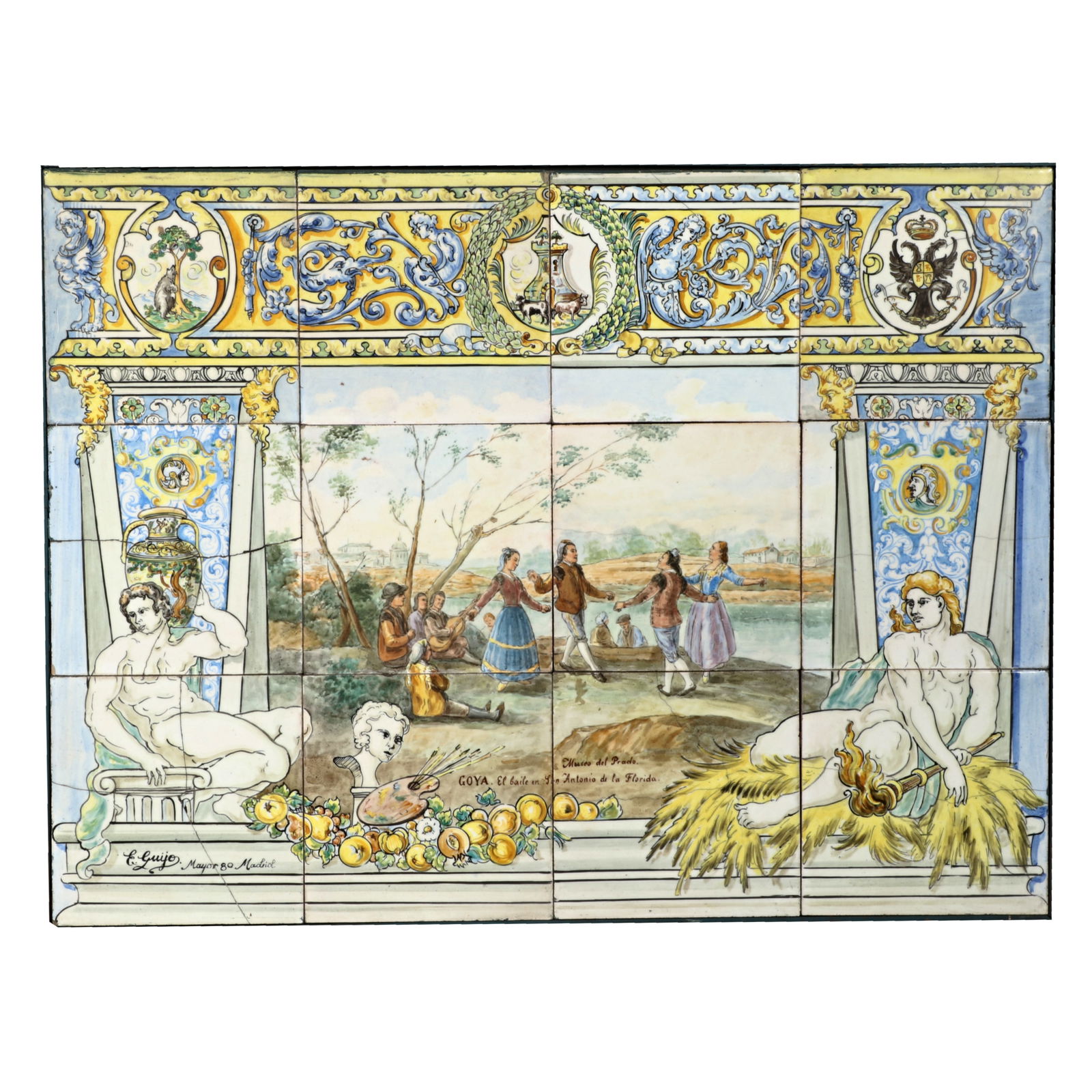 Enrique Guijo, Madrid, (1871-1945), framed Spanish Azulejo Majolica tile mural panel depicting (1 of 12)
