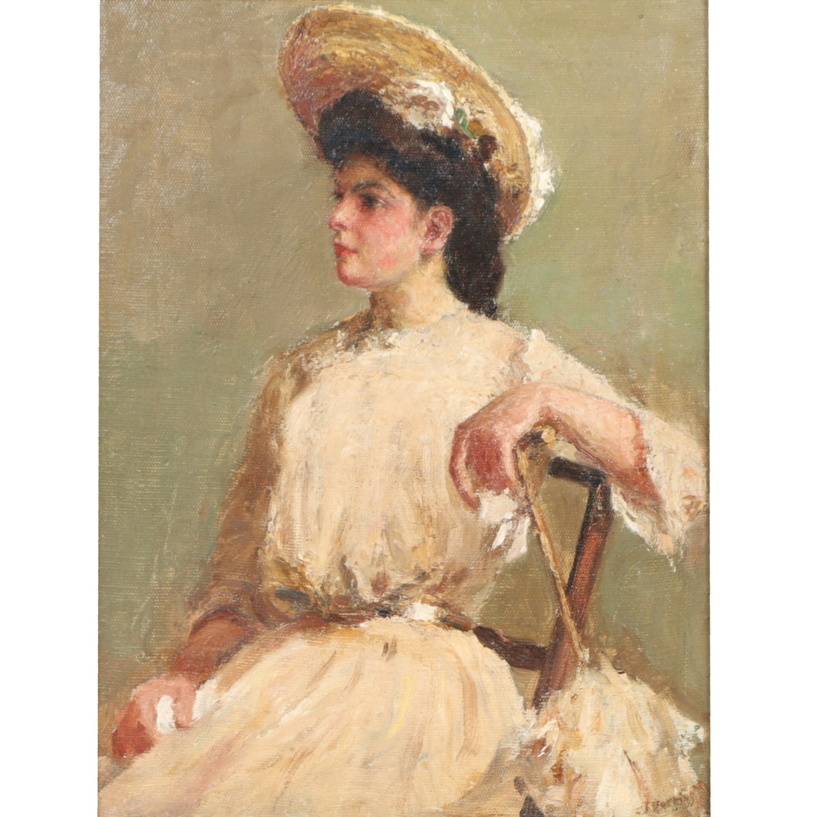 American (early 20th Century), Edwardian Lady in white with French hat and parasol, female portrait, (1 of 7)