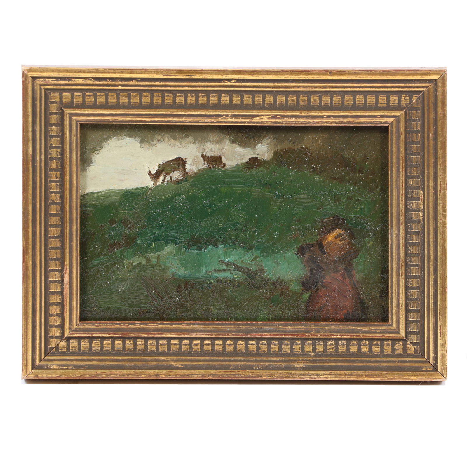 Eugene Higgins, American (1874-1958), shepherd figure with animals in landscape, oil on canvas, 3 (1 of 2)