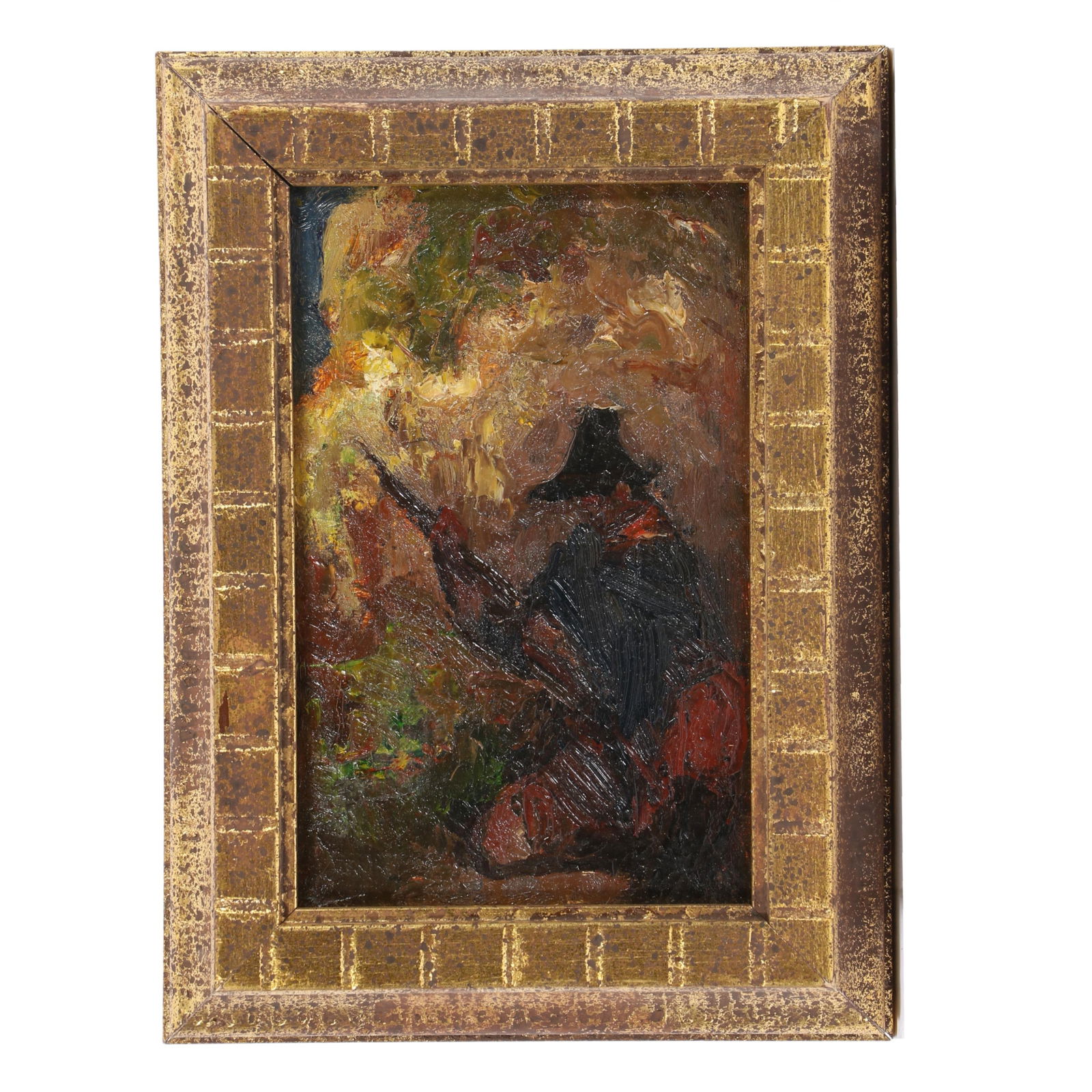 Eugene Higgins, American (1874-1958), figure with a weapon, oil on canvas, 3 1/2"H x 5 1/2"W (1 of 6)