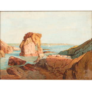 James Swinnerton, California (1875 - 1974), rocky seascape, oil on canvas, 11 1/2"H x 15: James Swinnerton California (1875 - 1974) rocky seascape oil on canvas Artist name plate on frame. Biography from the Archives of askART: A pioneer comic artist, James Swinnerton is most often