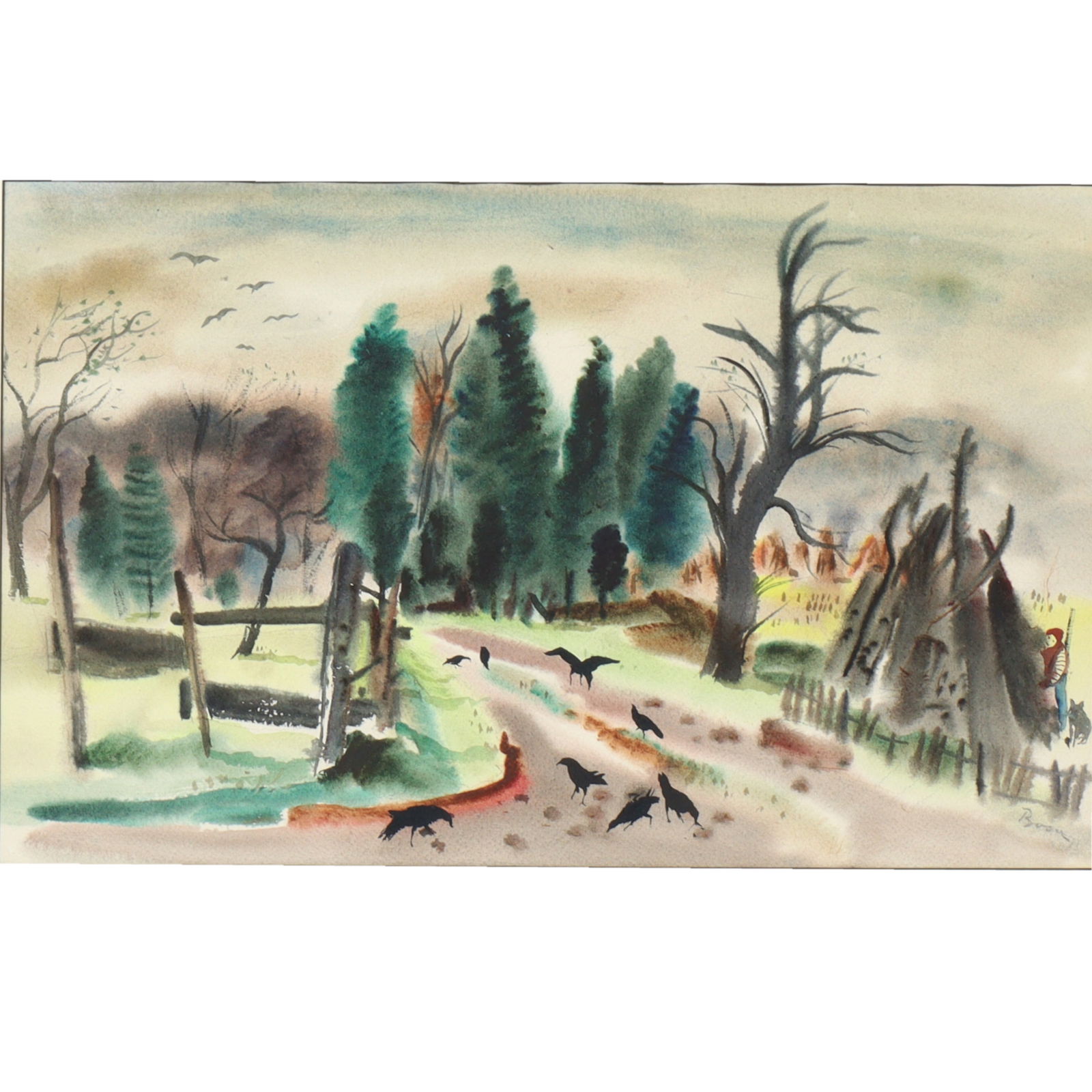Louis (Luigi) Bosa, Italian (1905 - 1981), landscape with crows, watercolor on paper, 11 1/2"H x 18 (1 of 8)