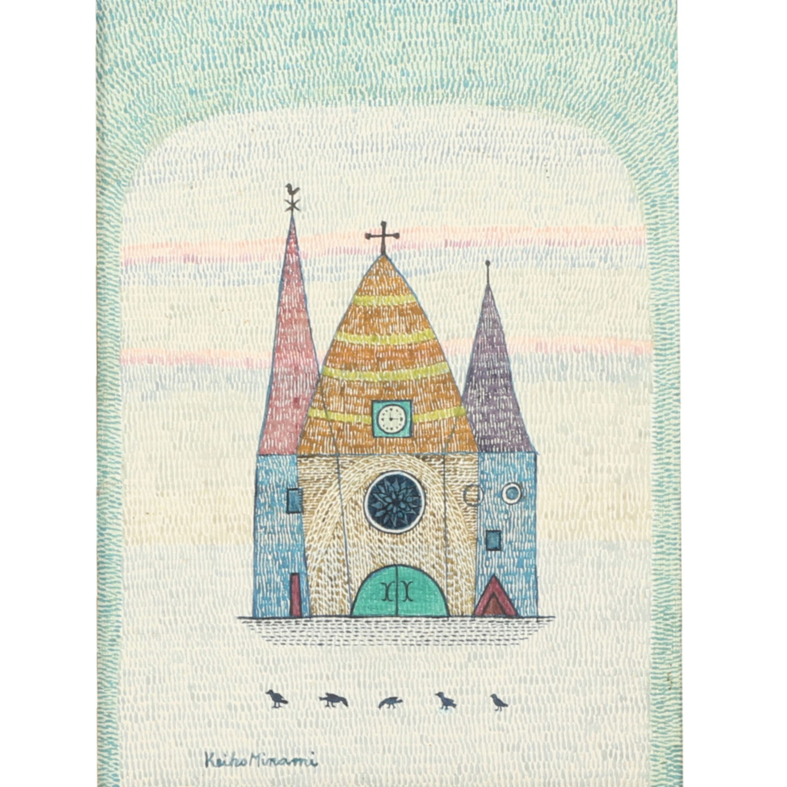 Keiko Minami, Japanese (1911-2004), cathedral, 1968, oil on canvas, 8 1/4"H x 6"W (sight), 14 1/2"H (1 of 9)