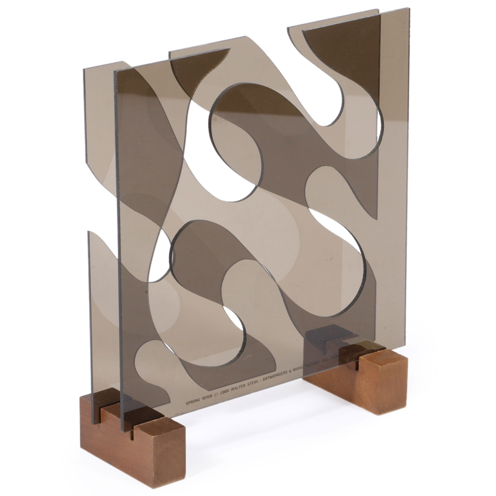 Walter Stein, New York (b. 1924-1998), Spring Wind, 1969, acrylic and wood sculpture, 9 7/8"H x 8: Walter Stein New York (b. 1924-1998) Spring Wind, 1969 acrylic and wood sculpture Title, date, and artist printed on acrylic lower. Artmongers & Manufactory, Inc., New York, NY. A few light scratches