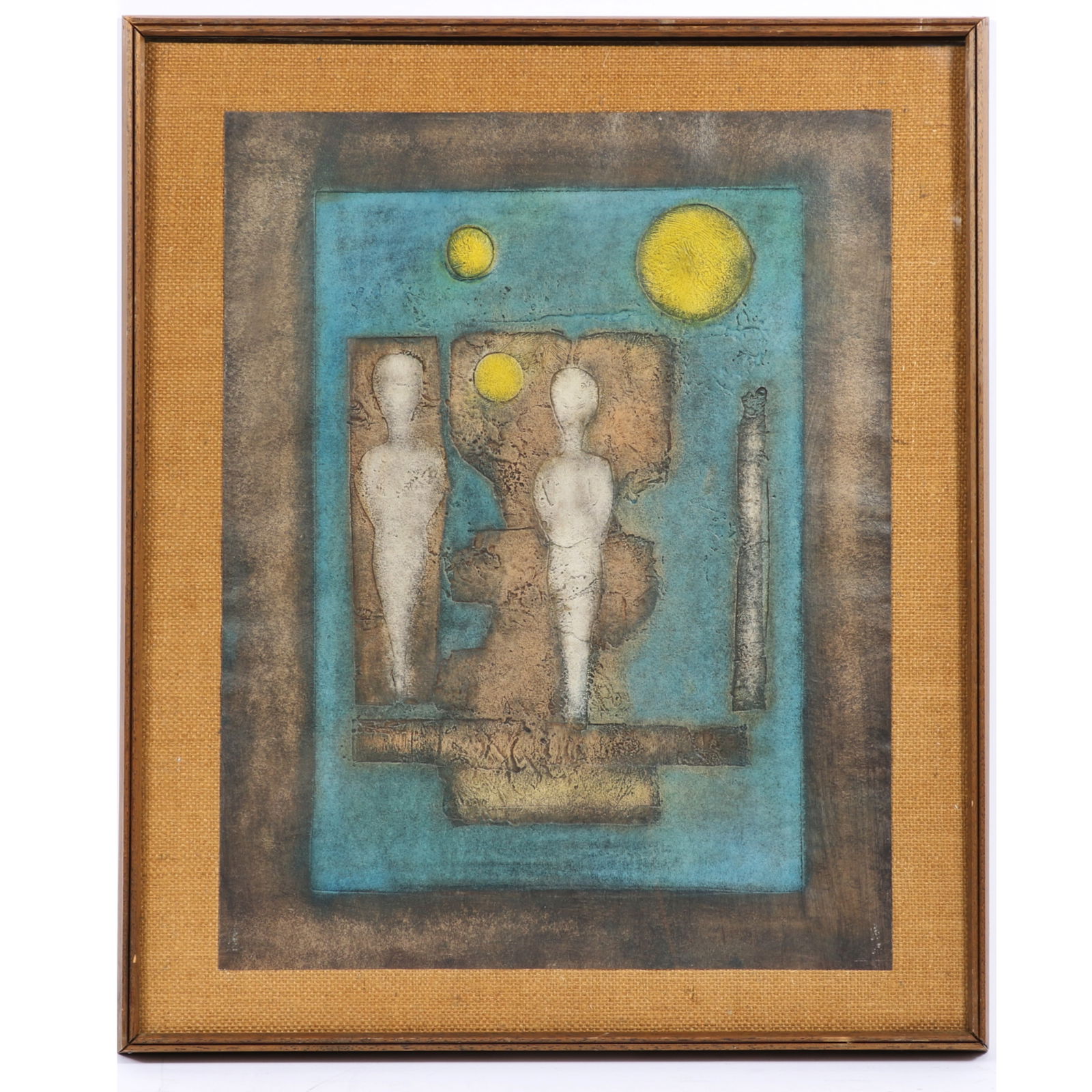 2 abstract figures, modernist intaglio print, 20 3/4"H x 16"W (sight), 24 3/4"H x 20 1/2"W (frame) (1 of 7)