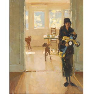 Philip Geiger, American (b.1956), woman holding toy, oil on board, 19 1/2"H x 15 1/2"W (sight), 26: Philip Geiger American (b.1956) woman holding toy oil on board Signed lower right. Biography from The Columbus Museum of Art, Georgia: Philip Geiger was born in 1956 in Fort Lauderdale, Florida. He st