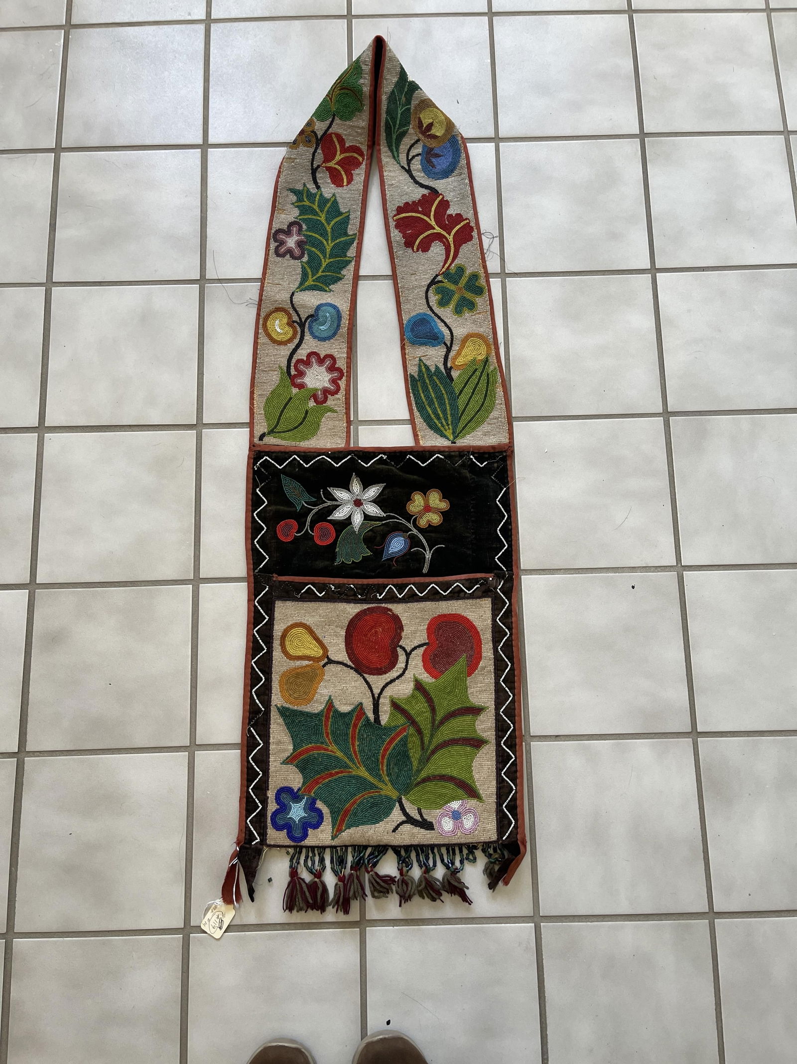 Woodland Ojibwe Antique Floral Beaded Bandolier Bag, ca. 1880s bag 20" long x 13 3/4" wide, 43" long (1 of 1)