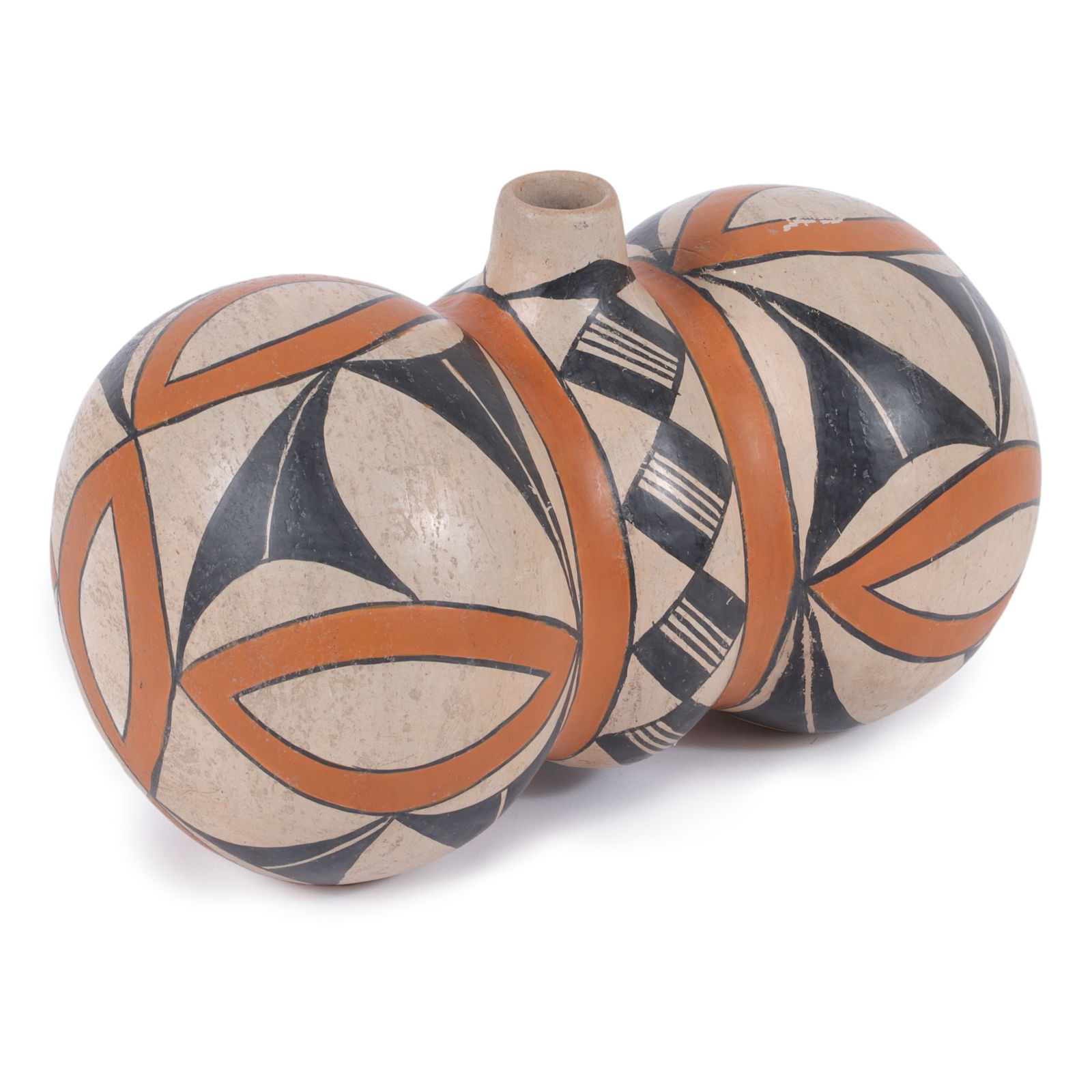 Native American Acoma polychrome pottery double lobed canteen vessel, Ca 1900-1930. 6"H x 9 1/4"W x (1 of 8)