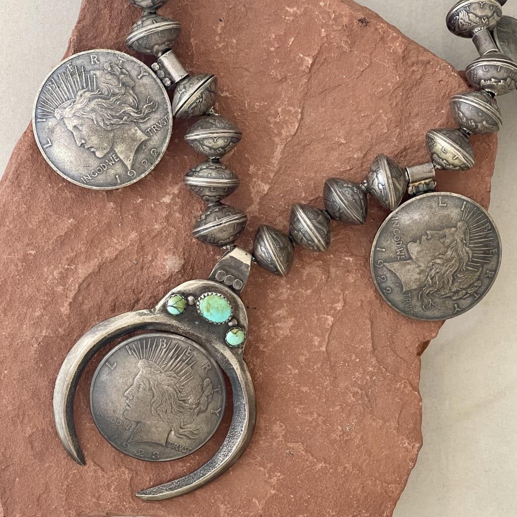 Navajo Squash Blossom Necklace with Coins, 24" long tip to tip with 3" long naja, all 7 coins are 1 (1 of 12)