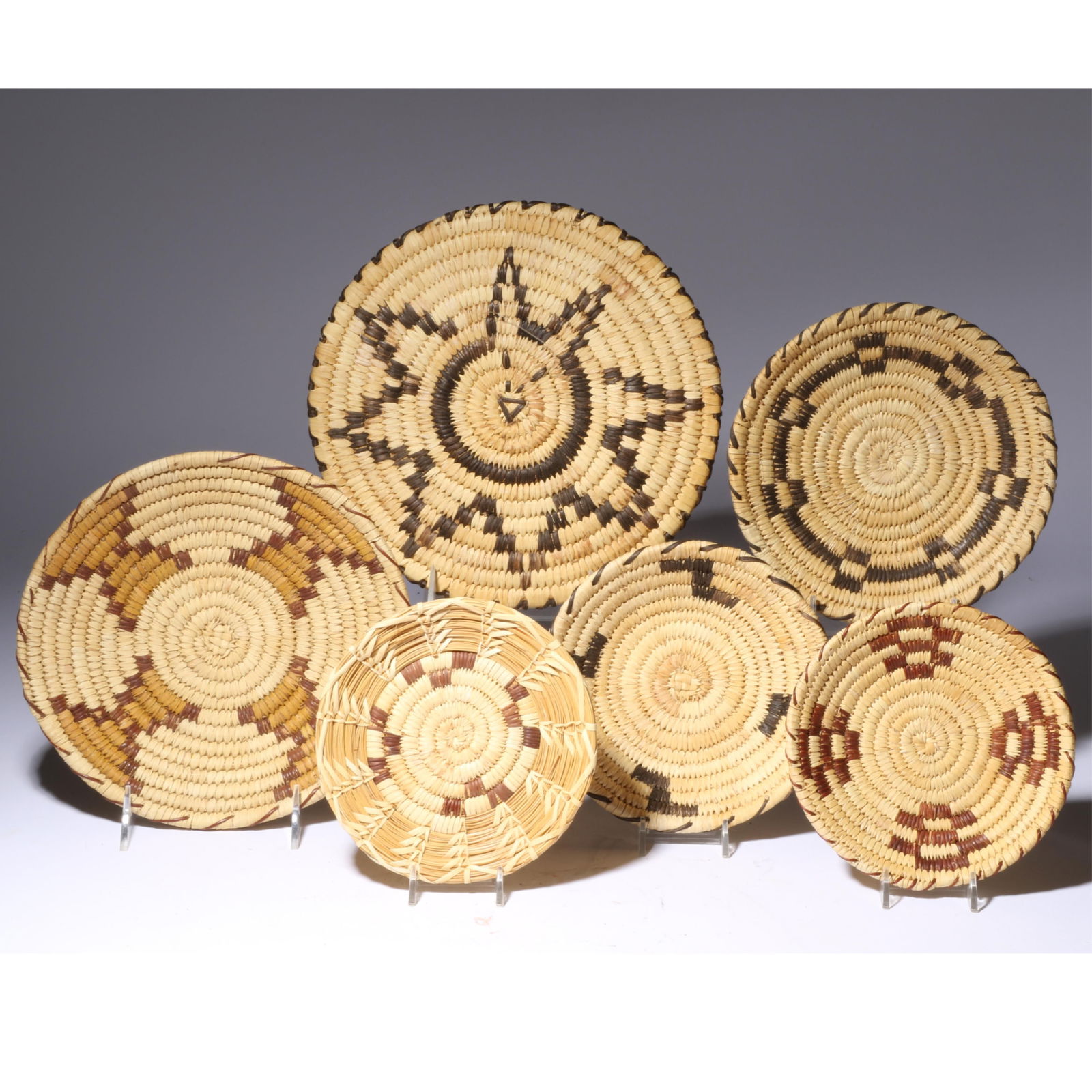 6 Papago Coil Baskets Basket 1: 6" at widest, 3 3/4" at base, 3/4" high, Basket 2: 6 1/2" wide, 3 (1 of 18)