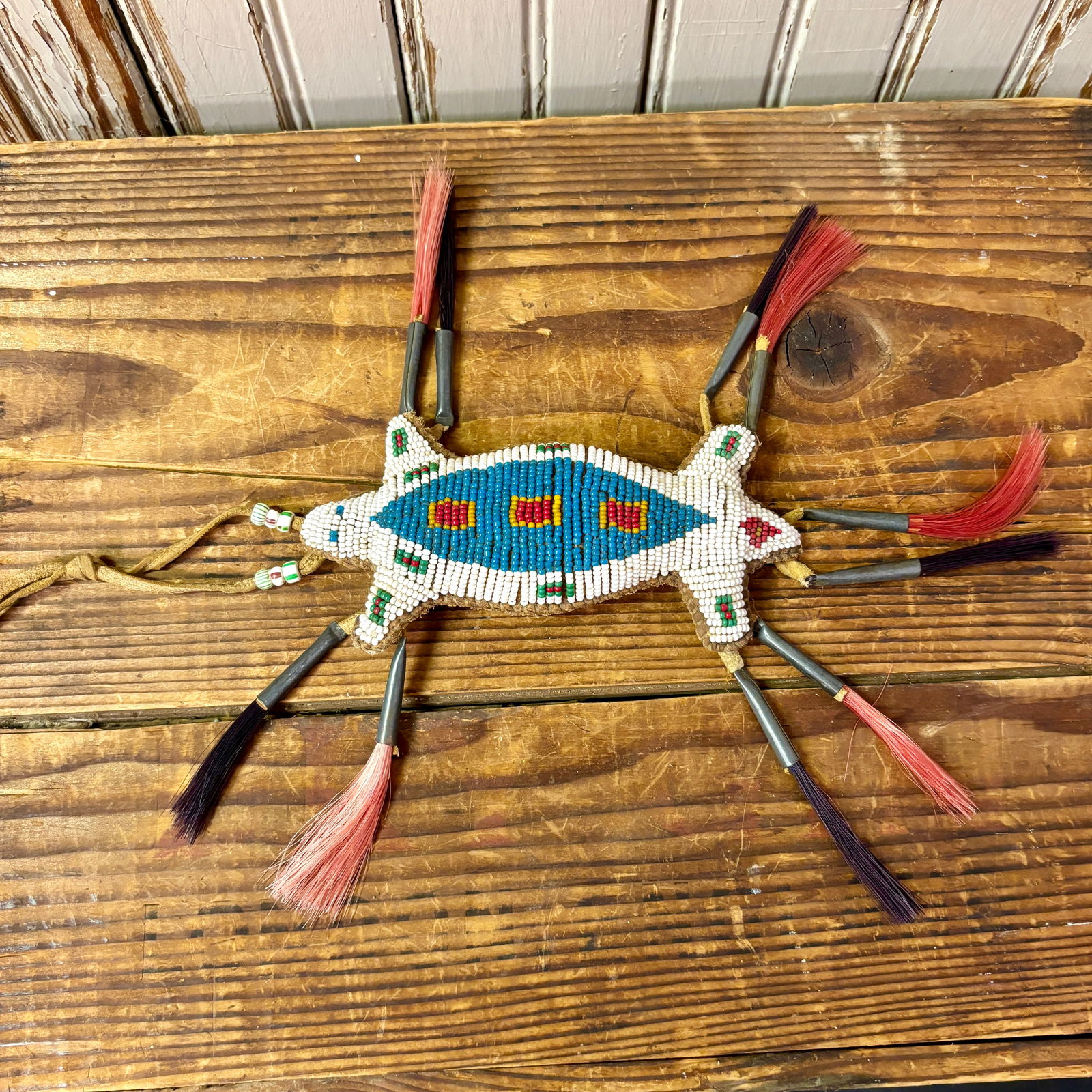 Lakota Sioux Beaded Leather Lizard Umbilical Fetish, ca. mid 1900s 11 1/2" long, including tassels (1 of 4)