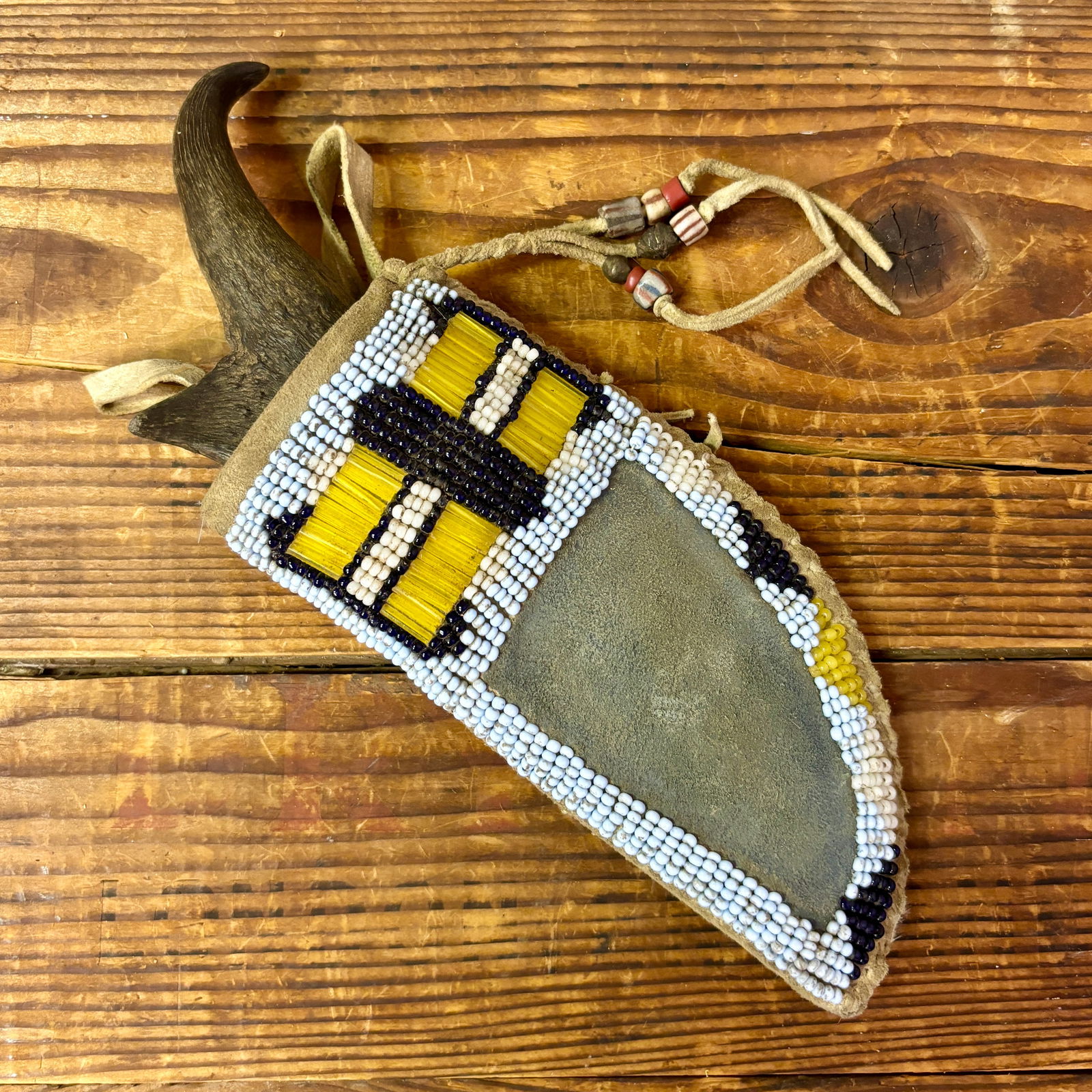 Native American Beaded Leather Knife Sheath w Antler and Arrowhead Knife, ca. early 1900s sheath: 7" (1 of 6)