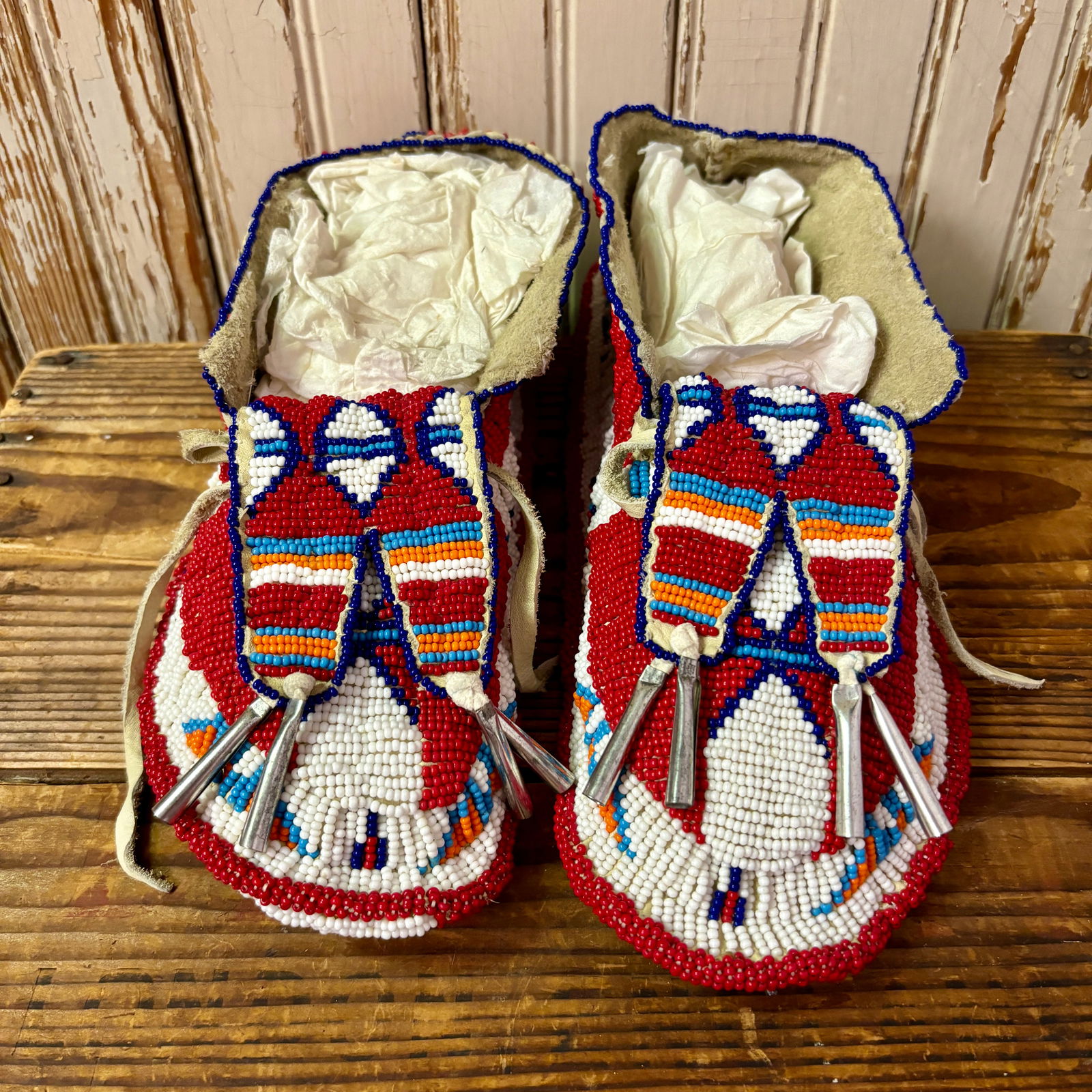 Northern Plains fully beaded ceremonial moccasins mid-1900s 10 1/2" long x 3 3/4" wide x 3 1/4" high (1 of 6)