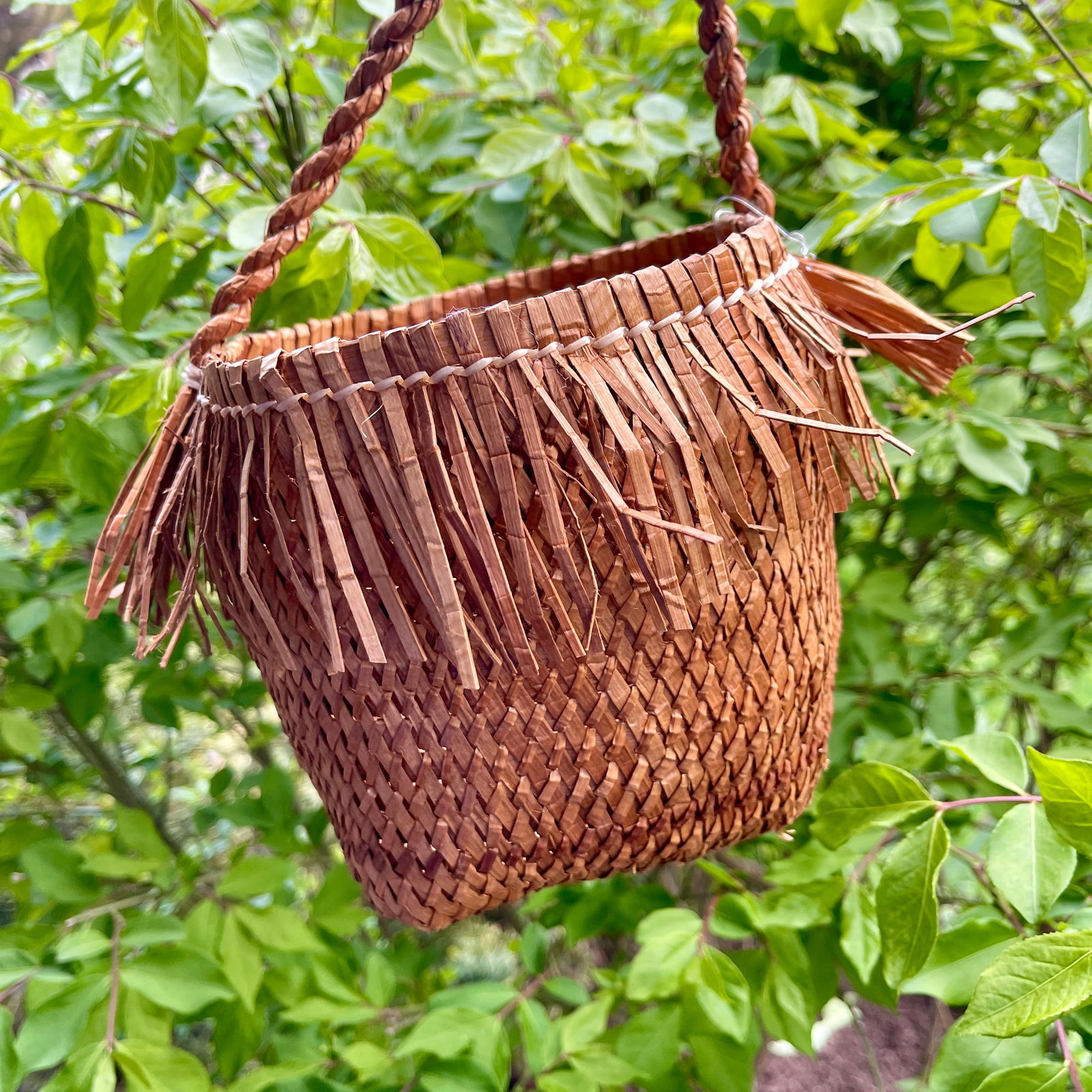 Cedar Berry Picking Basket by Rose Ambrose, Athabascan 7" tall, 6 1/2" diameter, 22" from bottom to (1 of 6)