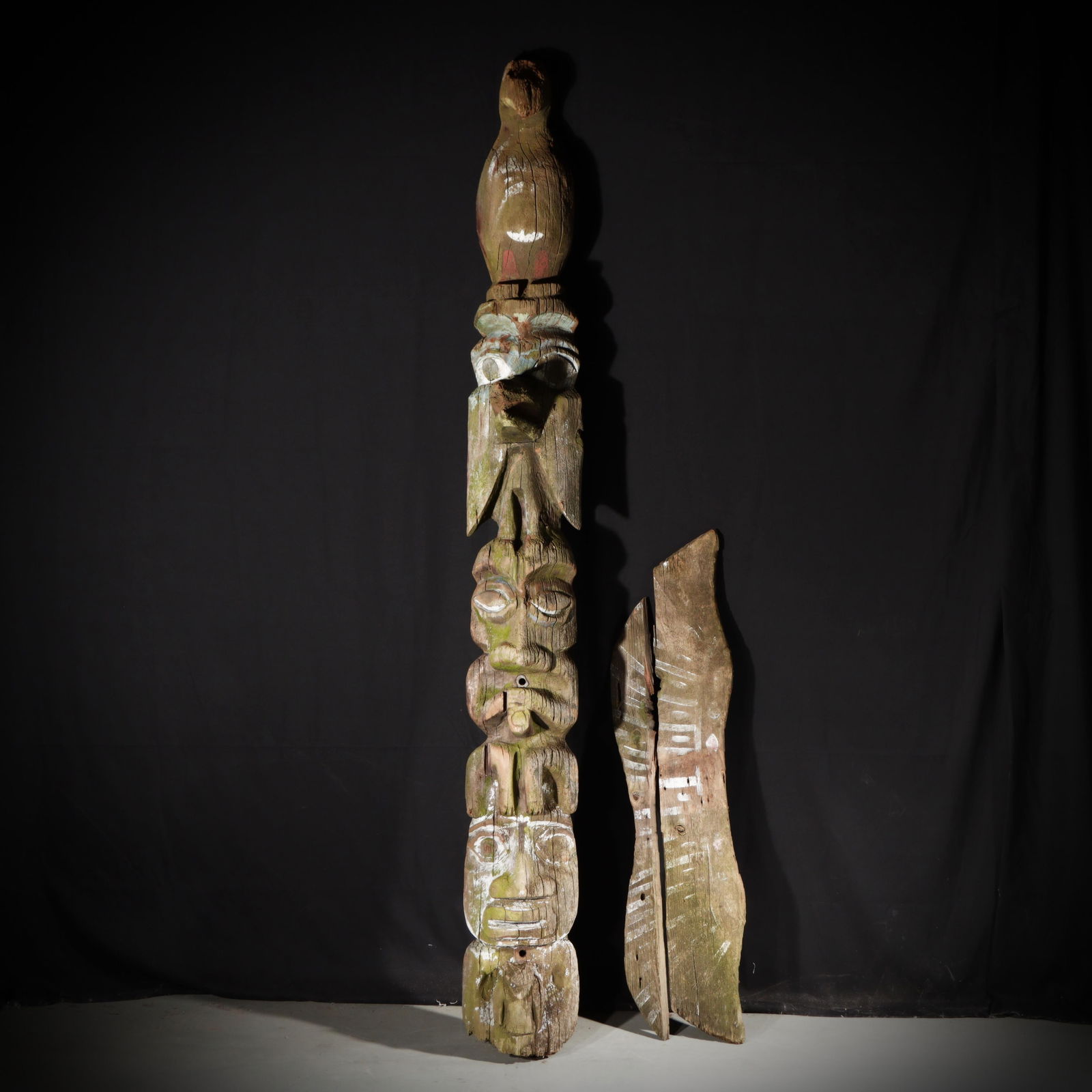 Antique Native Pacific Northwest coast carved wood memorial totem pole. 95?H x 49?W (wings of pole) (1 of 13)